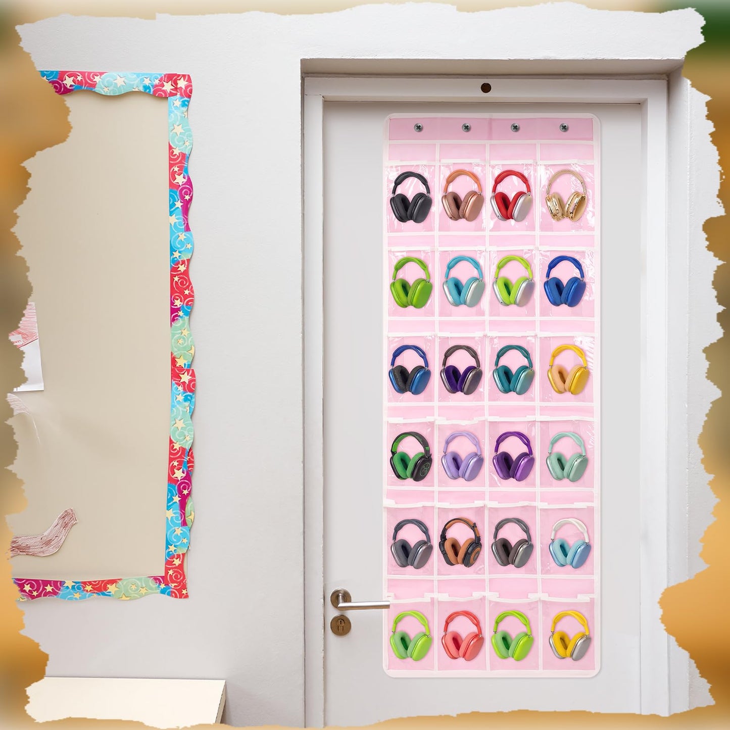 Maasechs Classroom Headphone Storage Organizer 24 PVC Clear Over The Door Hanging Classroom Headphone Holder Pocket with 4 Hooks for School Library(Pink)