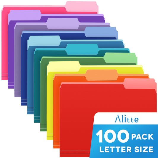 Alitte Colored File Folders Letter Size - 100-Pack Bulk, 10 Assorted Color File Folders for Documents, 1/3 Cut Tab - Office Supplies for Filing Cabinet, Desk, and File Folder Organization