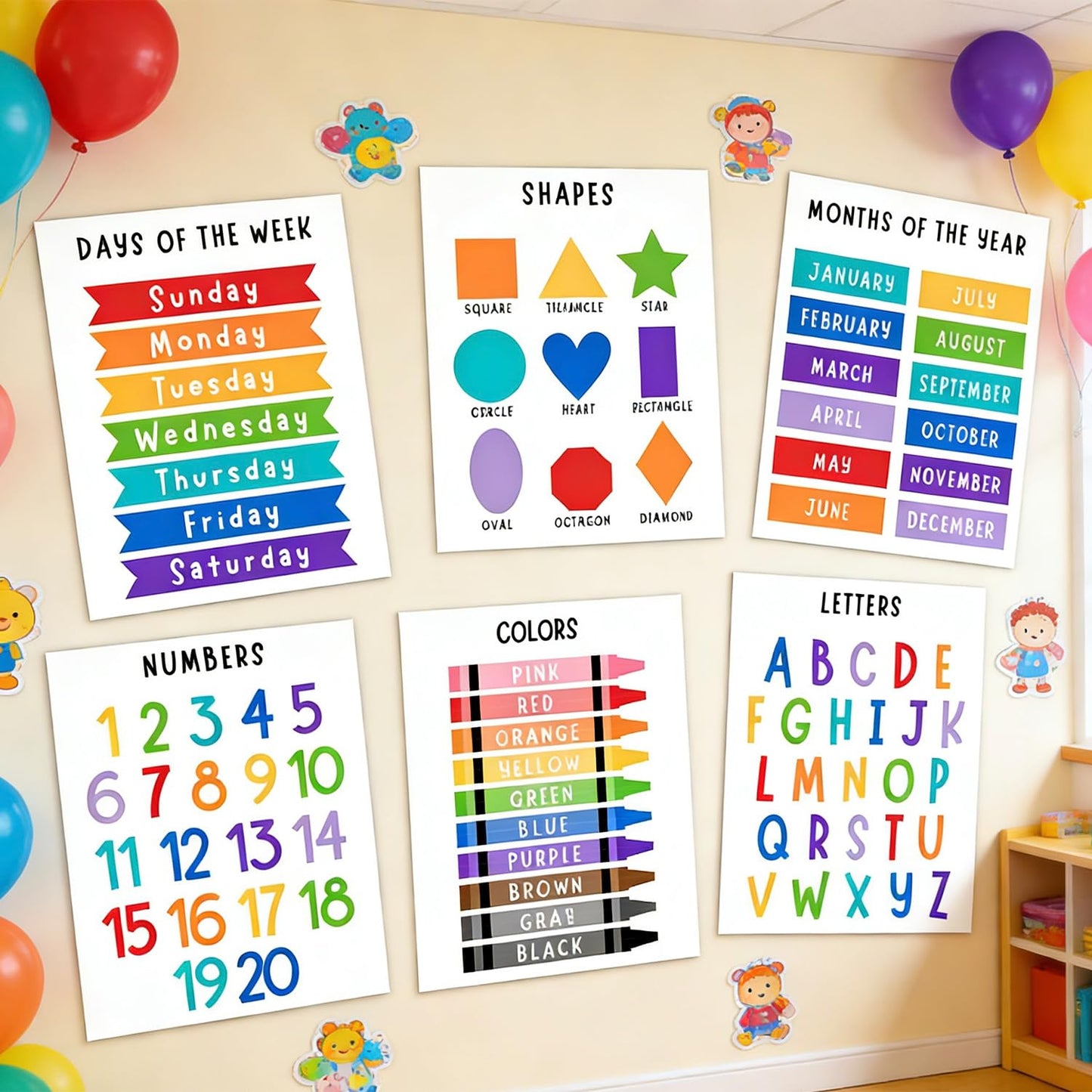 Educational Preschool Learning Posters,Alphabet ABC Posters for Toddlers Classroom Playroom Wall Art Decor,Counting Chart for Kindergarten,Pre K Learning Poster for Toddlers 1-3 Homeschool Supplies