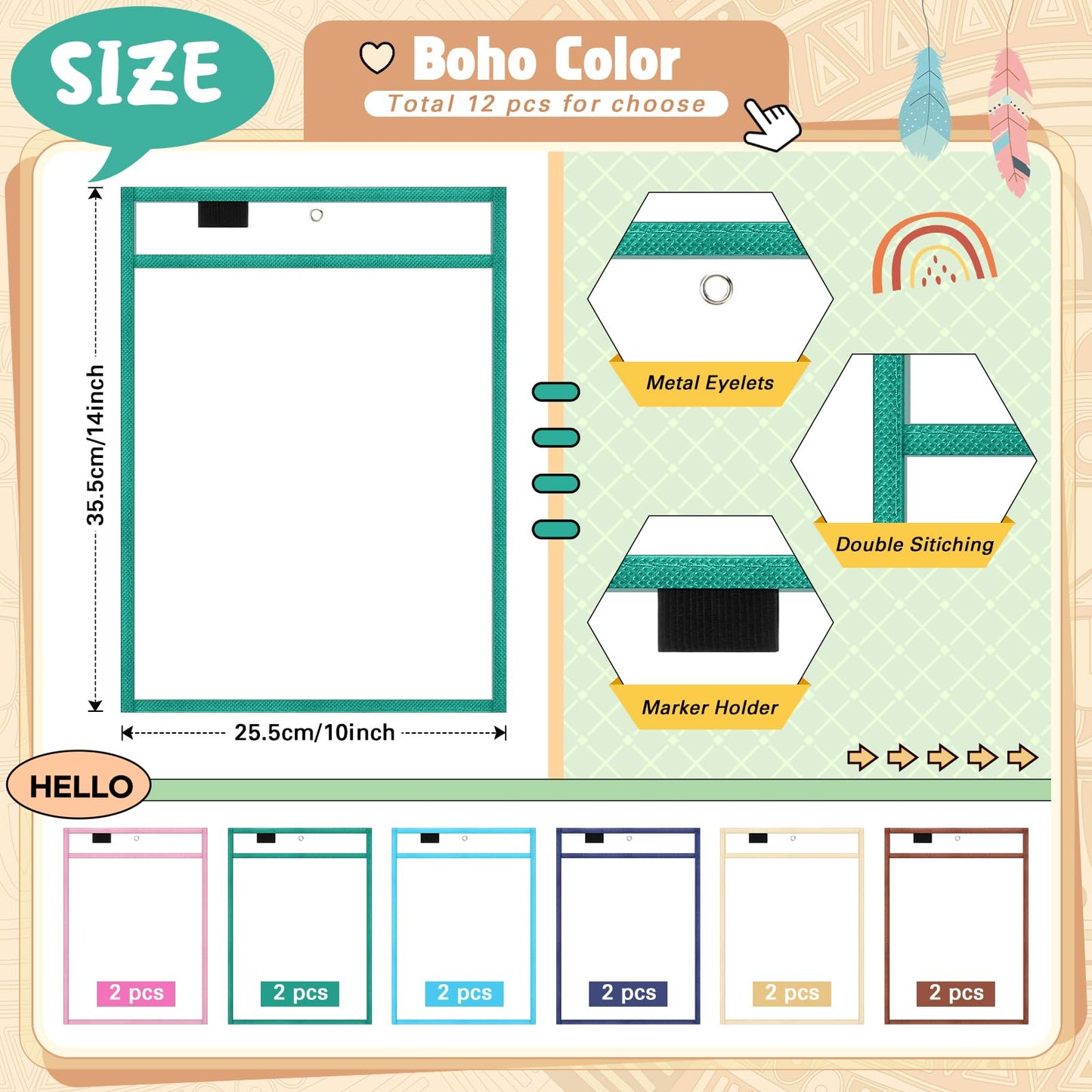 24 Pcs Dry Erase Pocket Reusable Sleeves 10" x 14" Clear Plastic Sheet Protectors with Markers and Mini Dry Erasers for Paper(Advanced Boho)