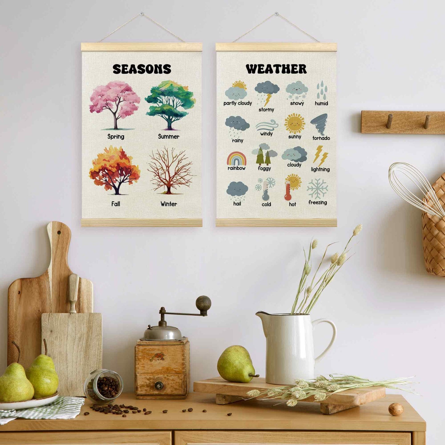 TLESKE 4 Seasons Weather Chart Poster Hanger Frame for Toddler Kid Classroom Set of 2, Homeschool Hanging Wall Art Decor for Nursery Playroom, Preschool Prek Learning Educational Poster, 16x24