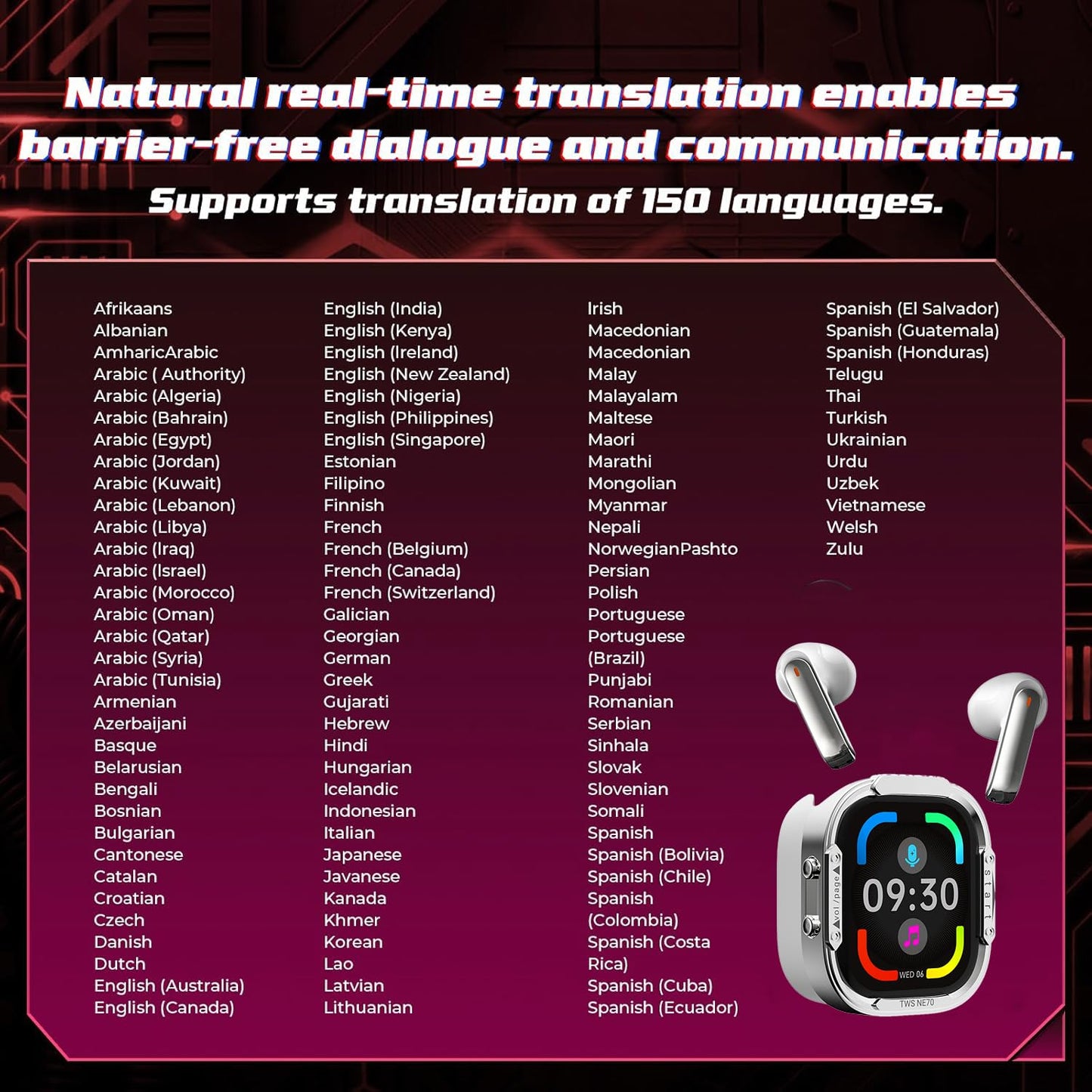 NE70 Earbuds, AI Translation Earbuds Real Time Support 165 Languages, Language Translator Headphones with LCD Touch Screen & Anti-loss, No Subscription, 7 Translation Modes for Travel Business- White