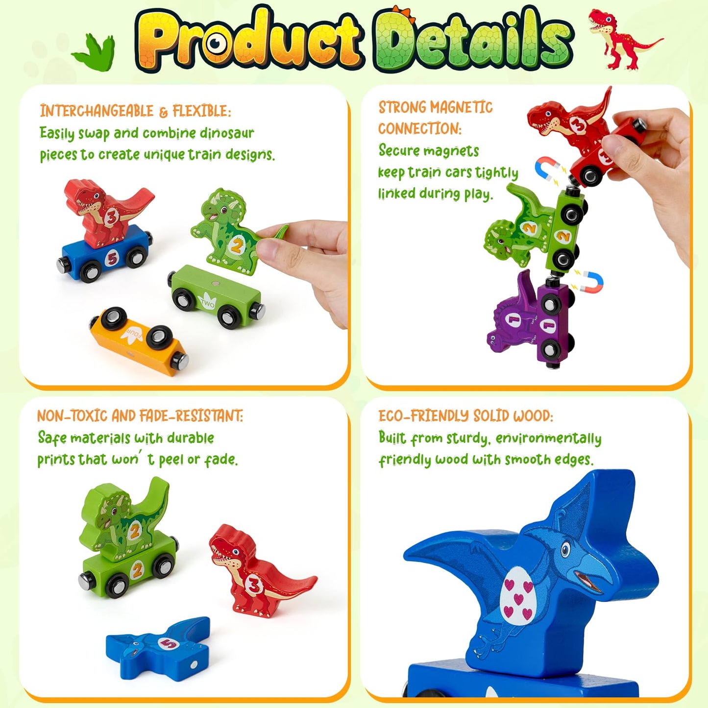 Atoylink Toddler Dinosaur Sorting and Stacking Toys with Magnetic Wooden Dinosaur Train Set, Baby Number Blocks Nesting Boxes Preschool Learning Montessori Toys for 1 2 3 Year Old Boys Girls Gift