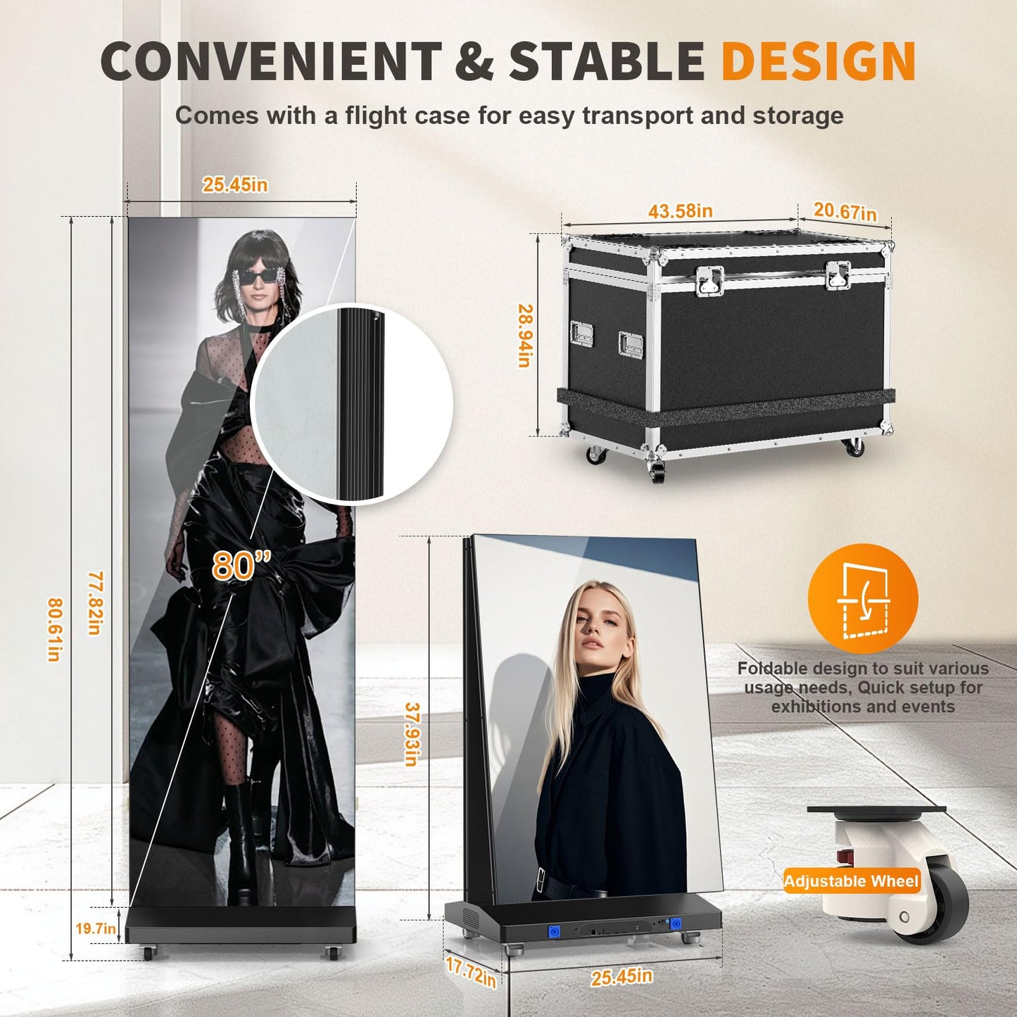 80" LED Digital Signage Display with Flight Case, P1.86 Foldable Spliceable LED Poster Screen Kiosk with Content Management System, WiFi/USB/HDMI for Events, Rentals & Commercial Use (Black, 1 Panel)