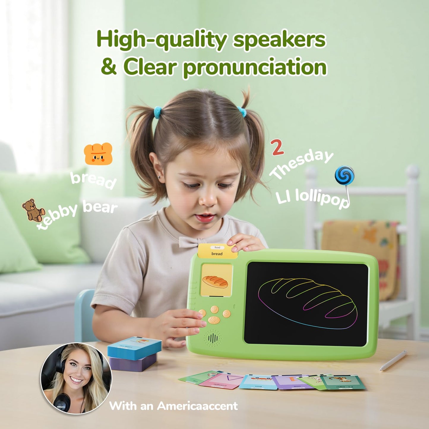 ZONSTVYS Talking Flash Cards for Toddlers: 2-in-1 LCD Writing Tablet with 510 Sight Words, Montessori Language Learning, Autism & Speech Therapy Toys for Children Ages 1-6, Green