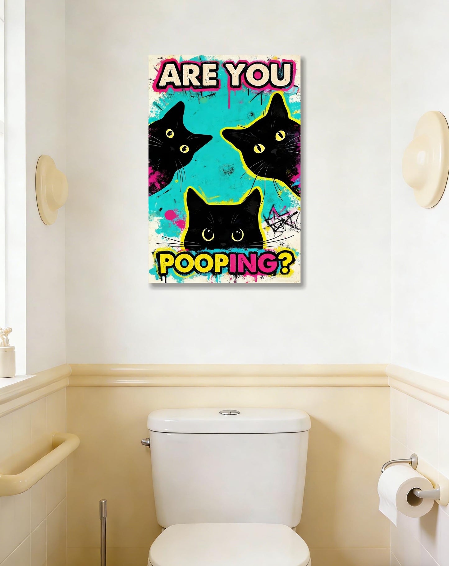 DUFIPOR Funny Black Cat Bathroom Wall Art, Are You Pooping? Graffiti Pop Art Canvas Prints, 16x24 Inch Humorous Bathroom Decor for Washroom Restroom, Trendy Cat Lover Gifts for Bathroom Wall Decor