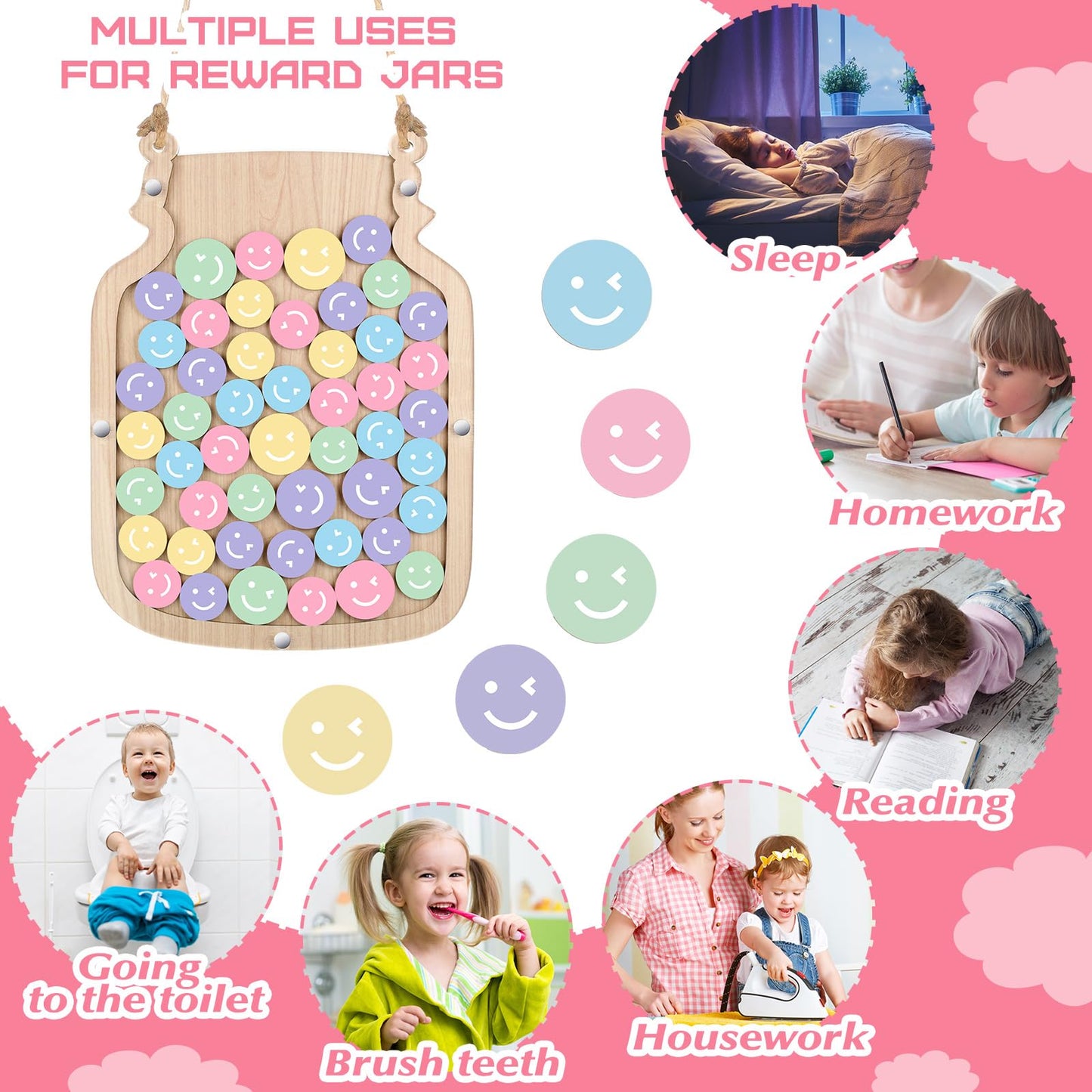 Zhanmai 11.57 x 8.66" Classroom Reward Jar for Kids Behavior Chart for Classroom Star Reward System Hanging Wooden Home Behavior Jar for Boys Girl Management Board Tools Incentive(Smiling Face,Wood)