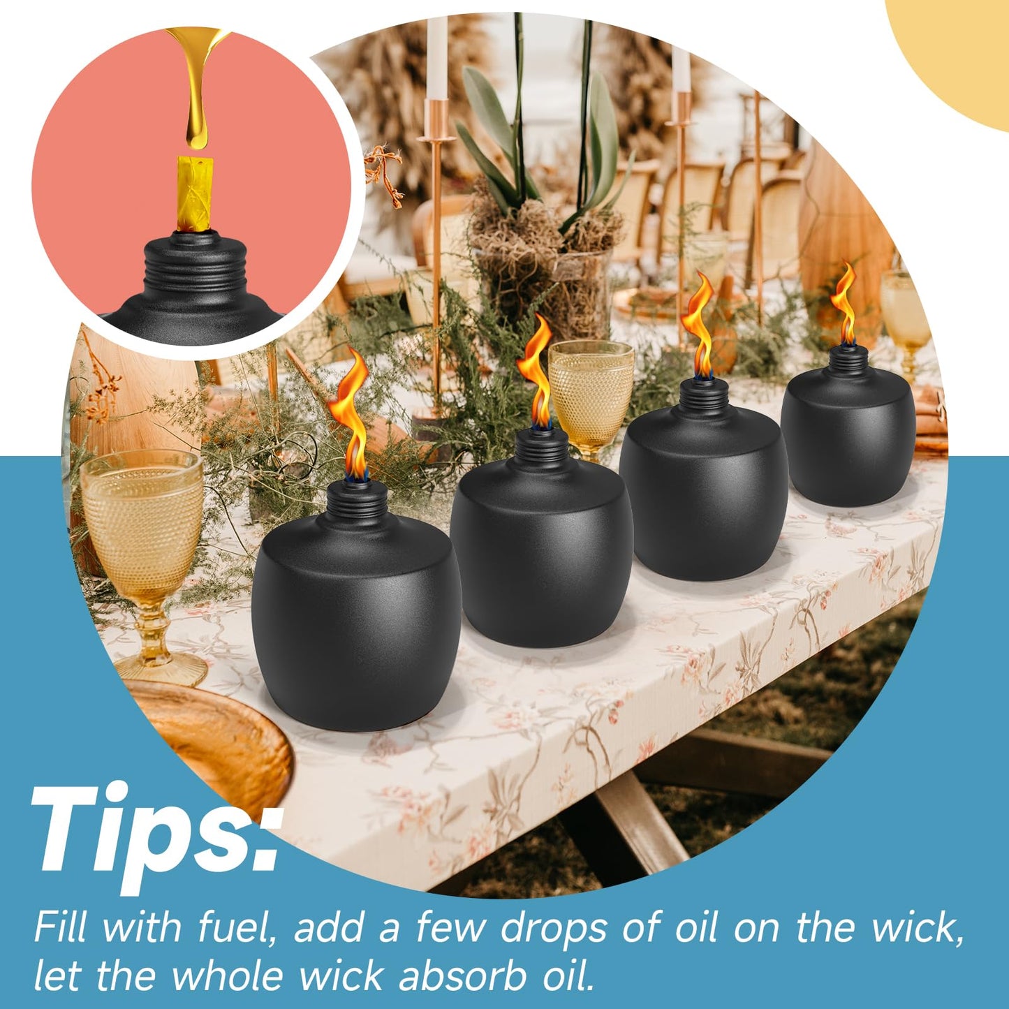 FALBAWR Citronella Tabletop Torches, 21.5 oz, Black, 6-Pack, Metal Oil Burner Candles for Outdoor Use