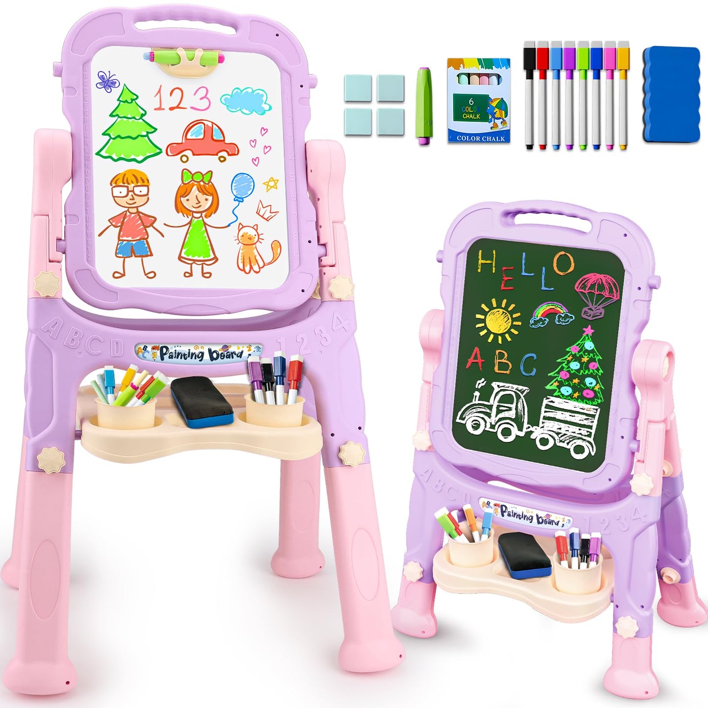 Kids Double Sided Art Easel for Toddlers Magnetic White Board Chalk Board with Painting Accessories Adjustable Stand Drawing Educational Learning Toys - Age 3 4 5 Year Old Girl Birthday Gifts Pink
