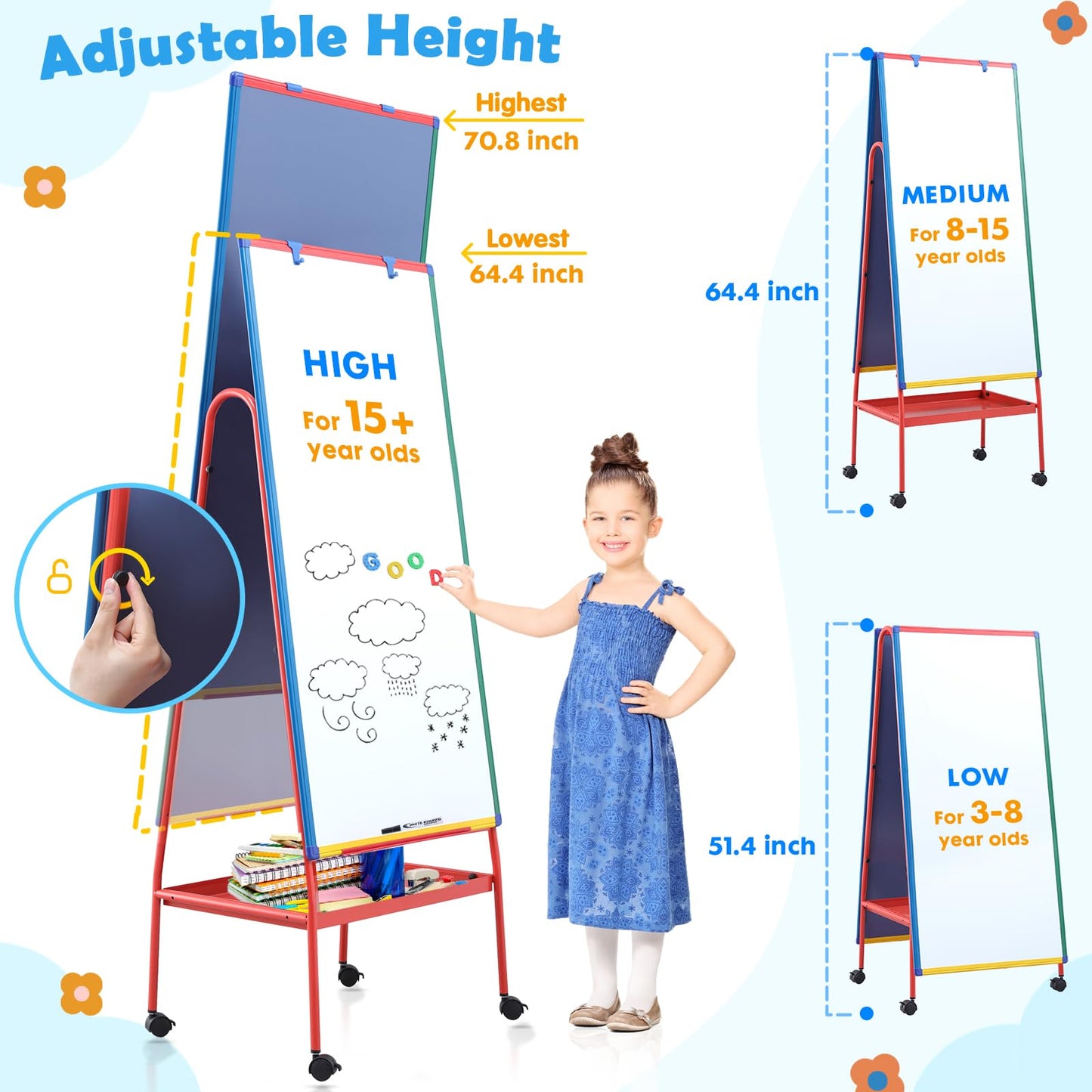 Mobile White Board with Stand - 70.8" H Double Sided Portable Rolling Whiteboard Kids Easel for Classroom,Height Adjustable Magnetic Dry Erase Board on Wheels for Home,School,48x24 inches