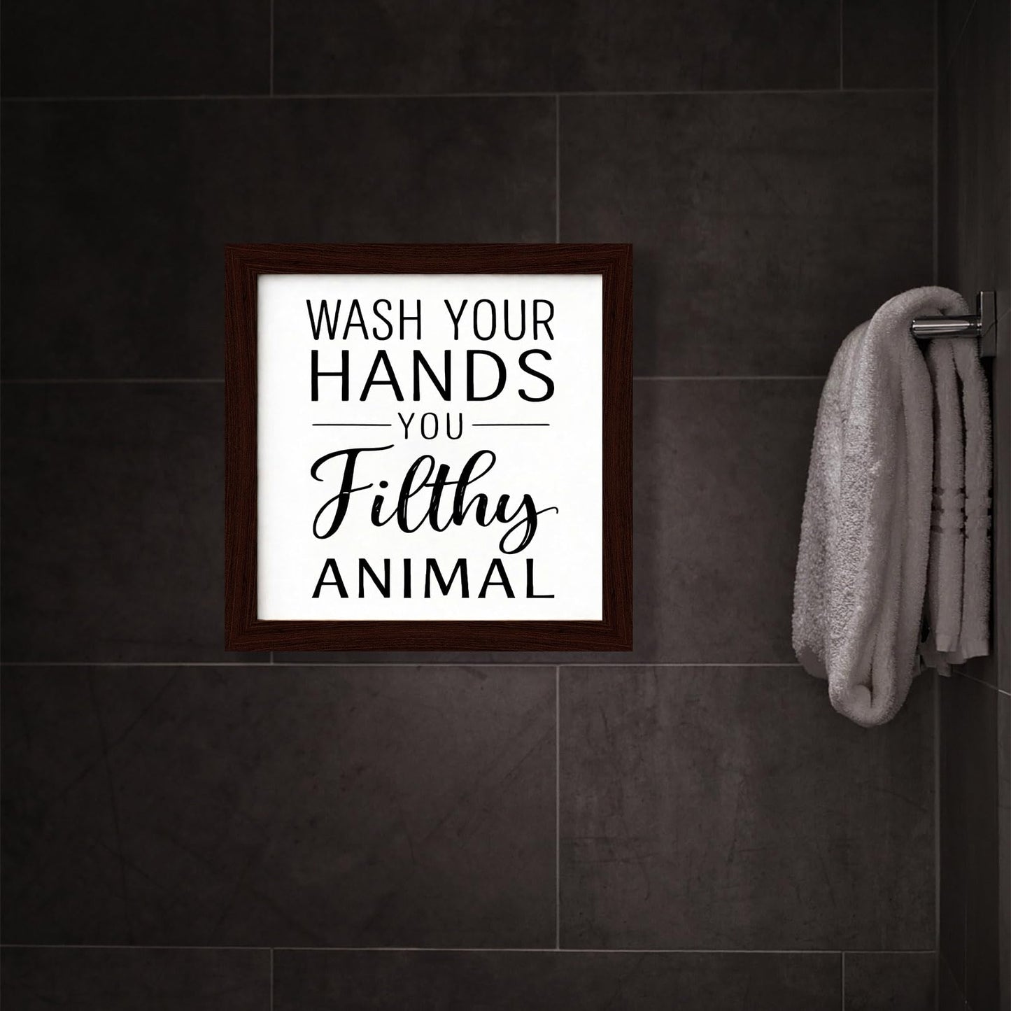 Funny Bathroom Wall Art Poster Wooden Framed Sign Black And White Bathroom Decor Wash Your Hands Sign For Kids Mens Toilet Quotes Signs 8×8 inch