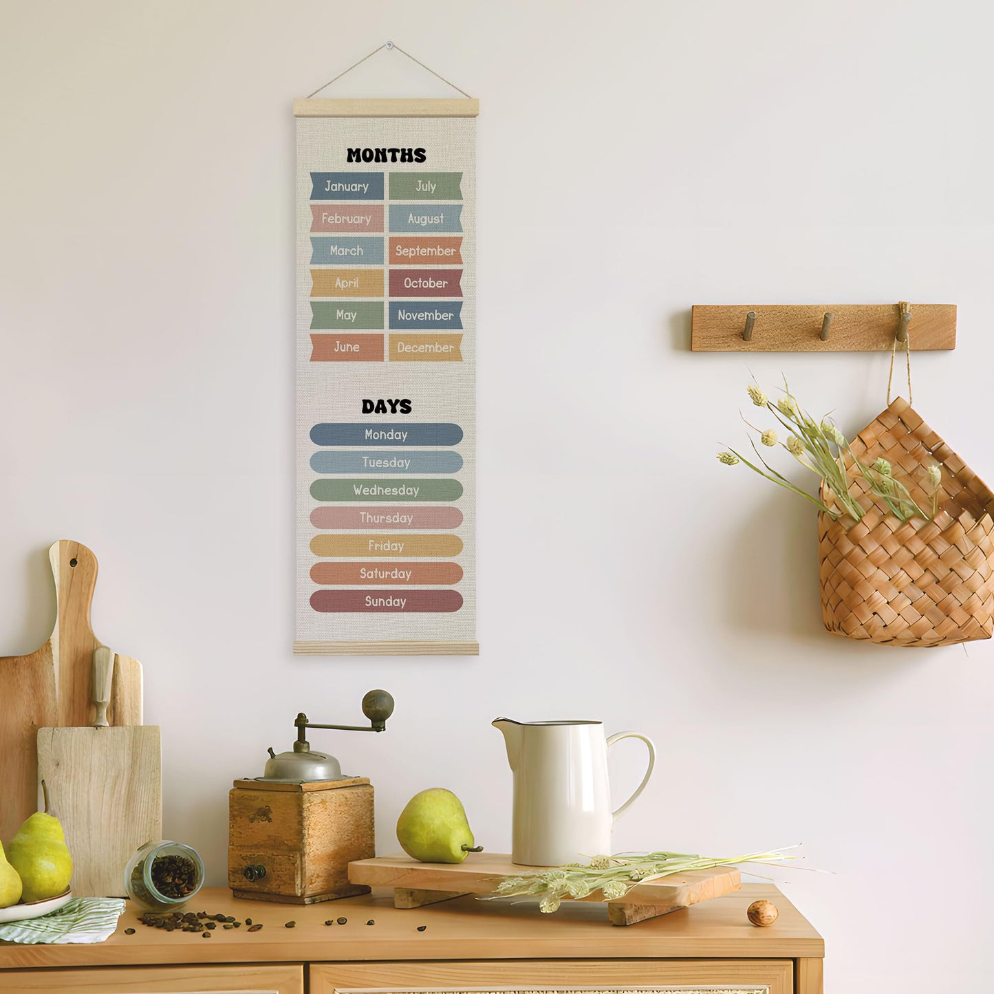 TLESKE Months of the Year Days of the Week Classroom Wall Art Poster, Educational Wall Decor Hanging Poster with Hanger Frame for Classroom, Toddlers Kids Wall Prints Picture Framed Banner, 12x35