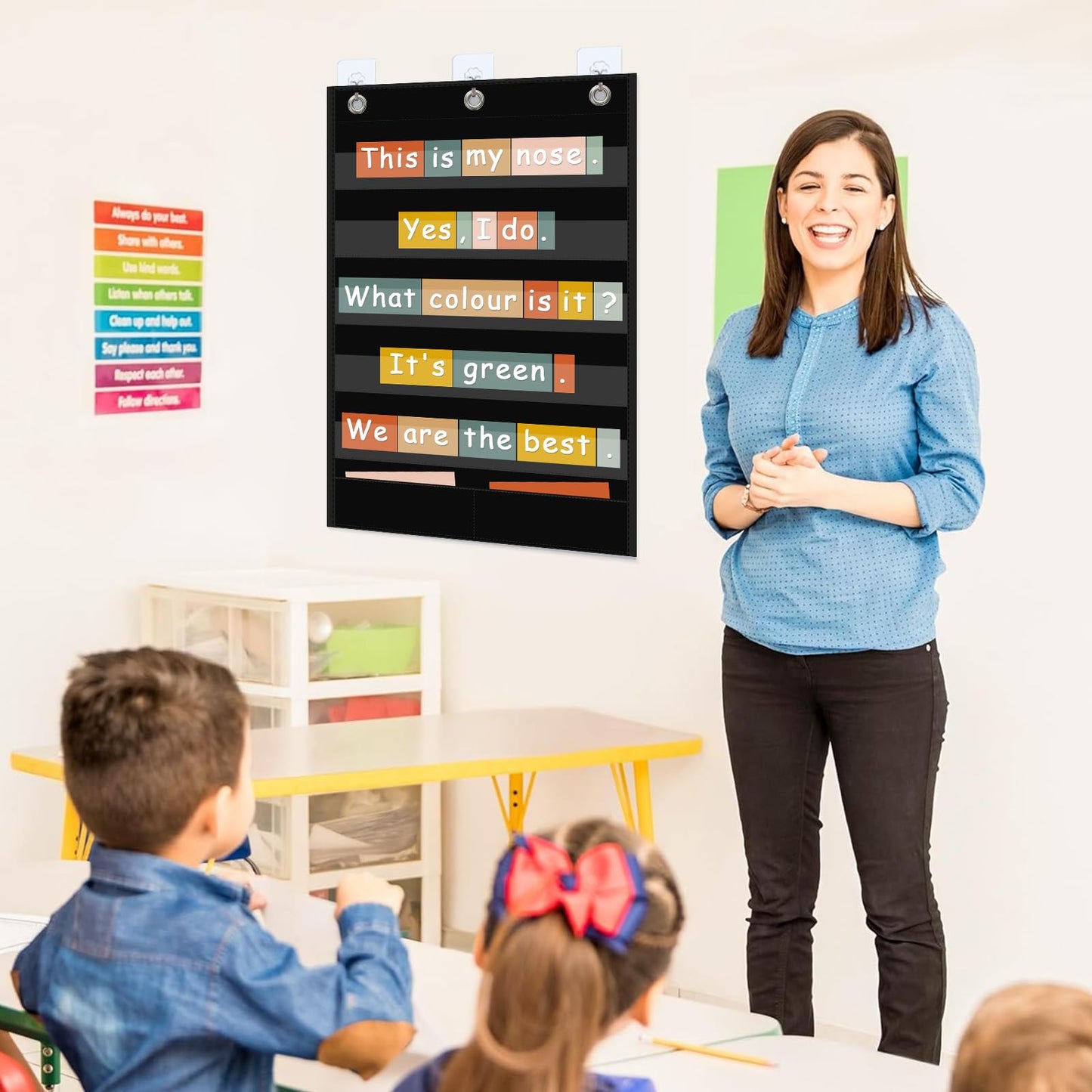 ANCOMEDO 5+1 Pockets Standard Pocket Chart, Clear 5 Pockets Words Chart with Extra Storage Pocket for School Home Office Use,Standard Size:25.2” x 17” Letter Cards, Word Wall and Sentence Strips.
