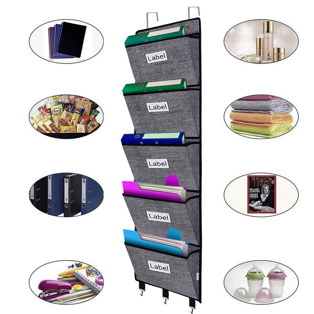 homyfort Over the Door File Organizer Hanging File Folders, Wall Organizers and Storage for Mail, Magazine, Notebooks, Planners, Office, Classroom, 5 Extra Large Pockets (Black with Pattern)