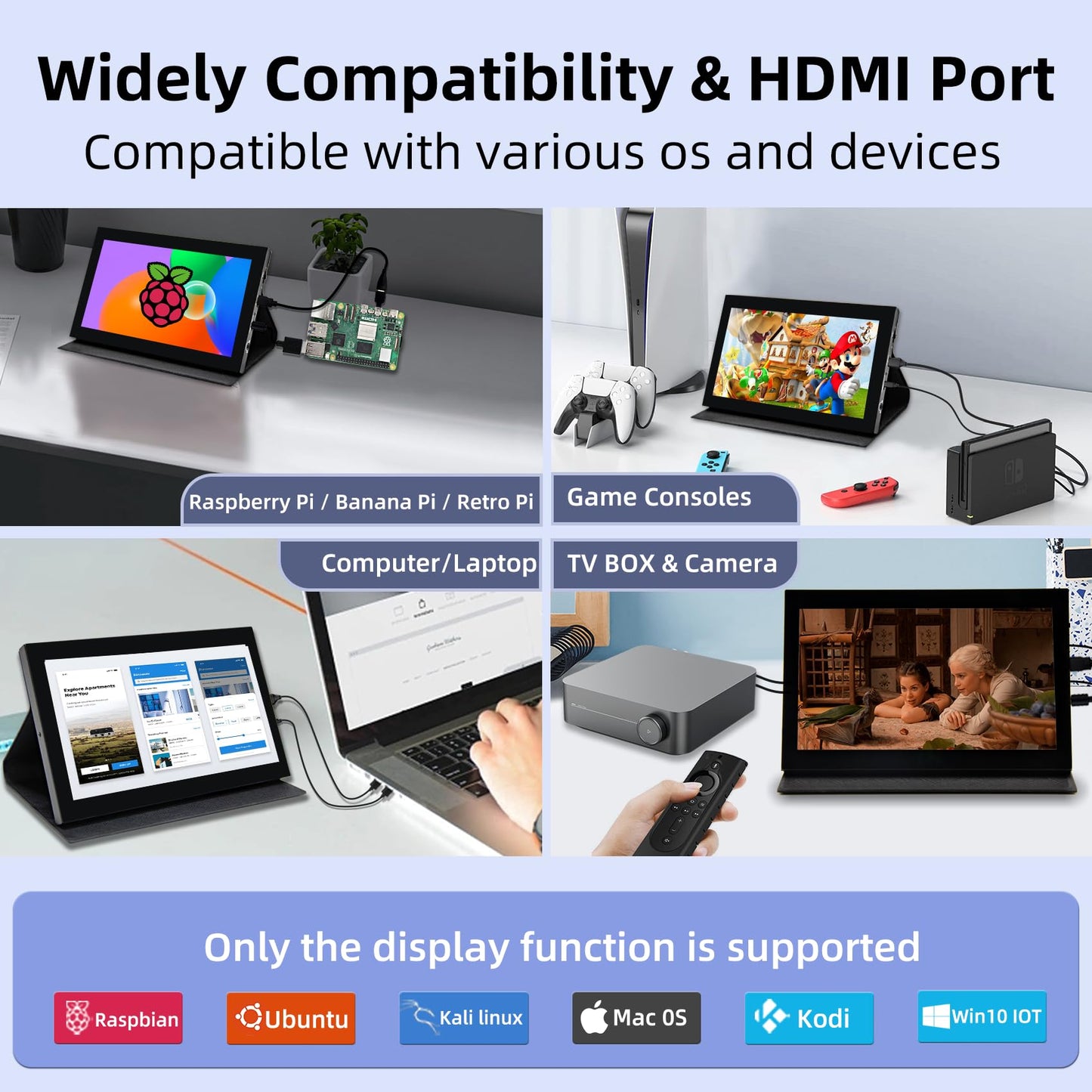 iPistBit 7 inch Portable Monitor, 1024x600 HDMI Raspberry Pi Screen, Dual-Speaker IPS LCD Display Mini Monitor for Laptop Xbox PS3 Raspberry Pi 5 4B 3B+