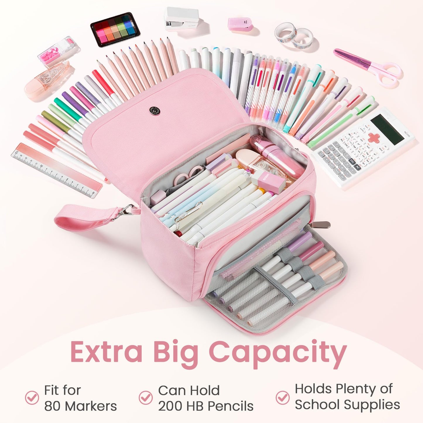 Sooez Super Large Pencil Case, Big Capacity Pencil Bag with 3 Compartments, Holds 100 Pencils, Cute Pencil Pouch with Zipper, Portable Stationery Pen Bag, Aesthetic School Supplies For Girls, Beige