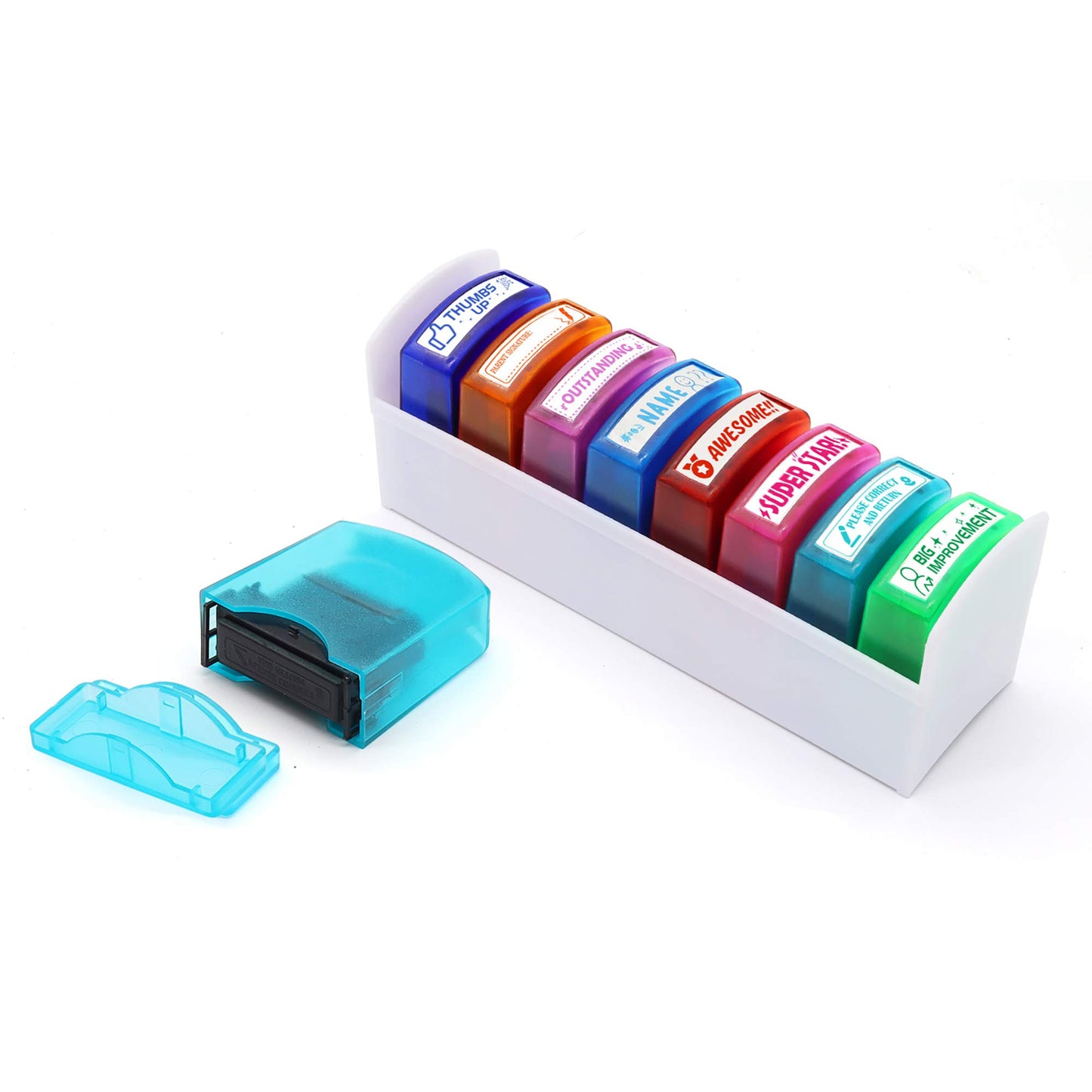 RELIANCER 8PCS Teacher Stamp Set,Colorful Self-Inking Motivational Classroom Stamper for Grading,Encouraging Rating Stamp Student,Parent Signature Stamps for Homework,School Homeschool Reward Supplies