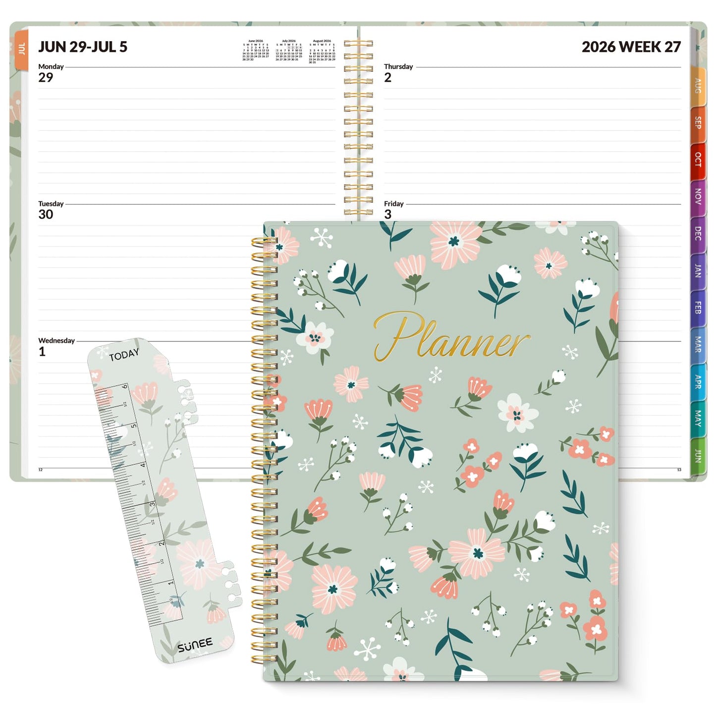 SUNEE Academic Planner 2026-2027 – Weekly & Monthly Planner, July 2026 to June 2027, 8.5"x11", Thick Paper, Tabs, Pockets, Bookmark, Spiral-Bound, Student Teacher Organizer, Green Wildflowers