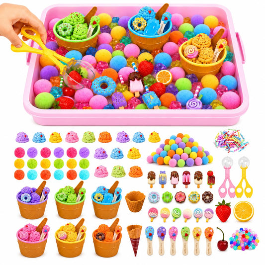 Cinrobiye 234 Pcs Ice Cream Sensory Bin Fillers Summer Sweet Treat Dessert Sensory Bin Items Filler Fine Set with Tools Storage Box Pompoms for School Home Activities Sorting Counting Decor