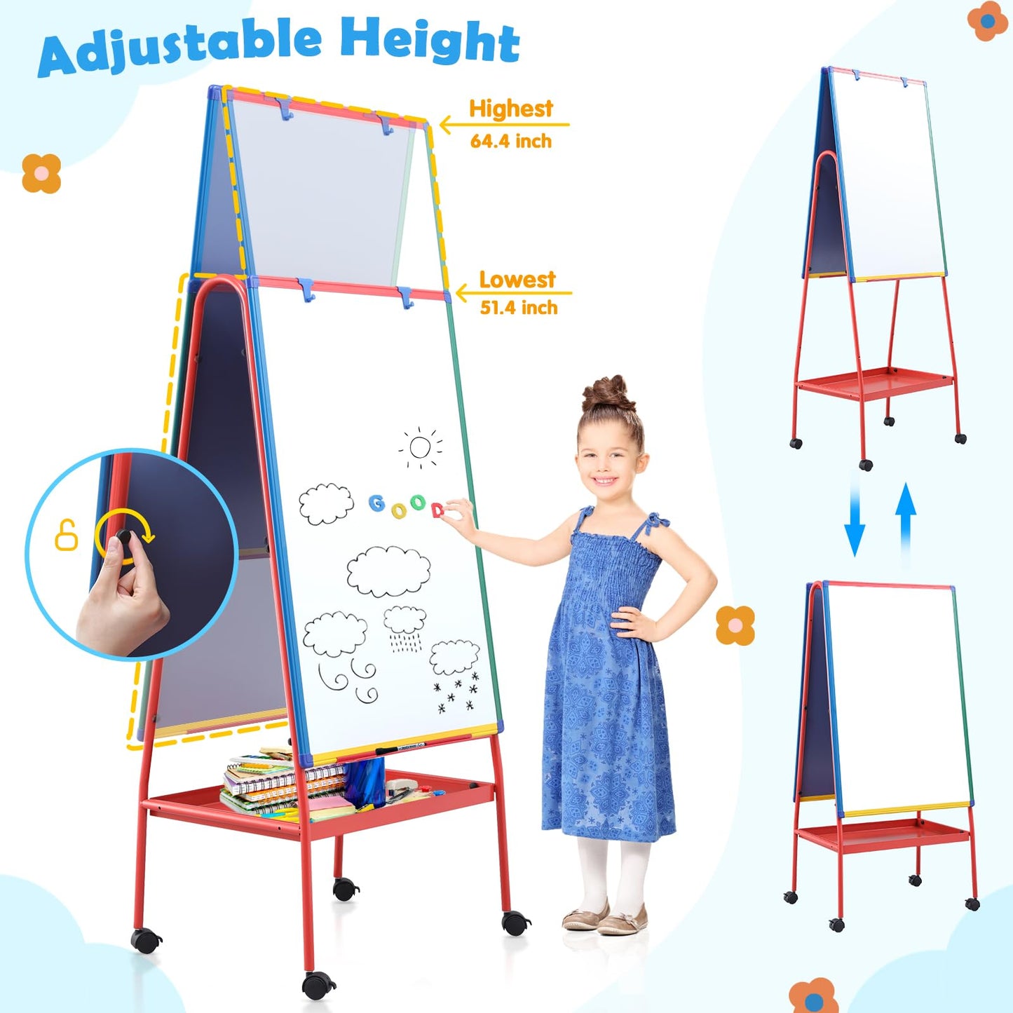 Mobile Dry Erase Board with Stand - 64.4" H Double Sided Portable Rolling Whiteboard Kids Easel for Classroom,Height Adjustable Magnetic White Board on Wheels for Home,School,36x24 inches