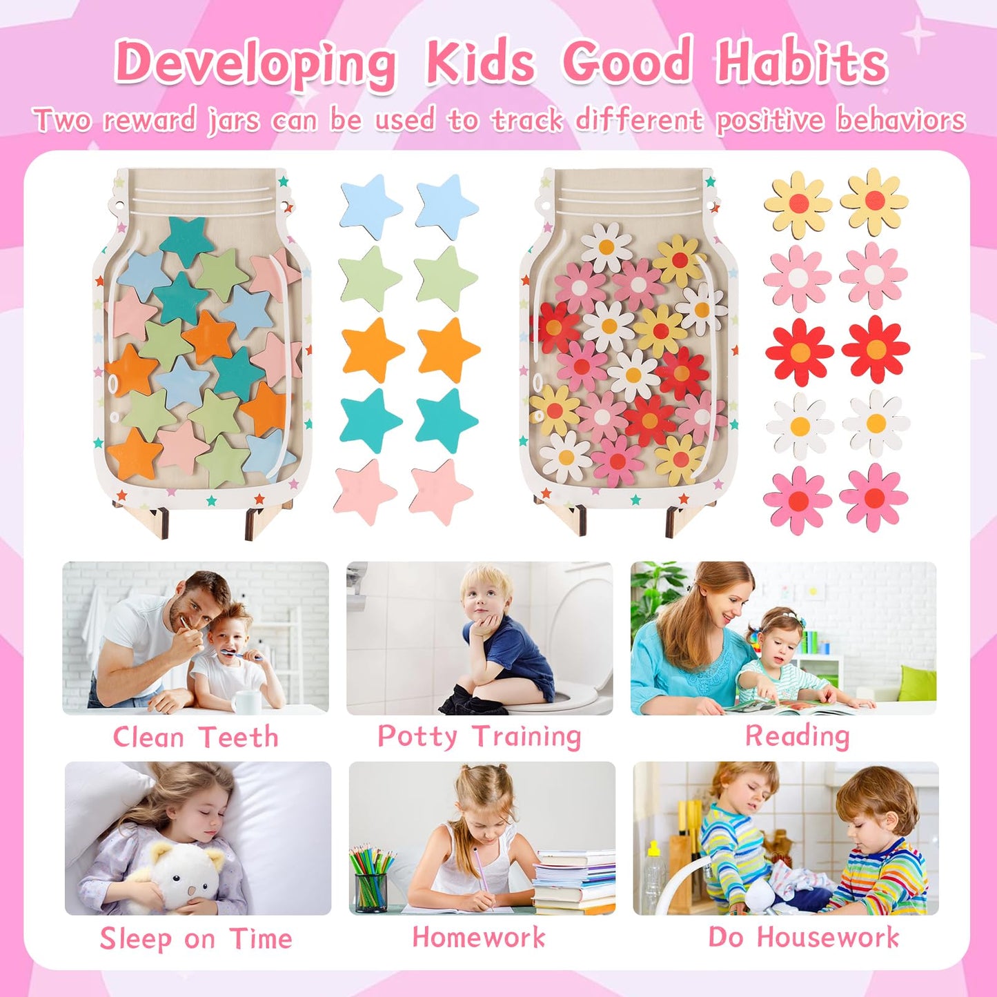 2 Pack Magnetic Reward Jar for Kids, Good Behavior Rewards Jar for Classroom Home, Potty Training Rewards Home Training for Boys Girls, Star and Flower Jar Reward System, Christmas Kids Gift