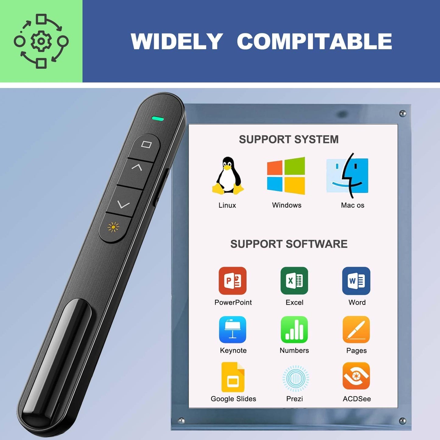 QUI 2 Pack Wireless Presenter with Volume Control, RF 2.4GHz Presentation Clicker for Google Slide/Keynote, PowerPoint Clicker Compatible with Mac/Windows