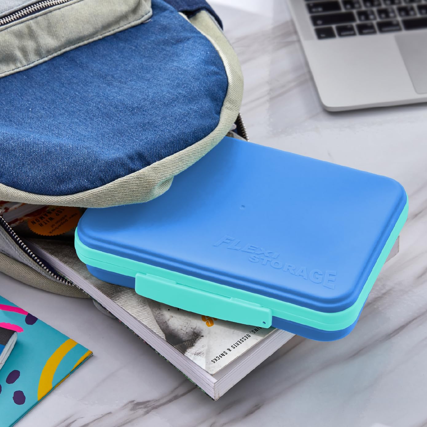 LockerMate by Bostitch Flexi Storage Box with Lid, Collapsible Pencil Case Design for Craft and School Supplies, Blue