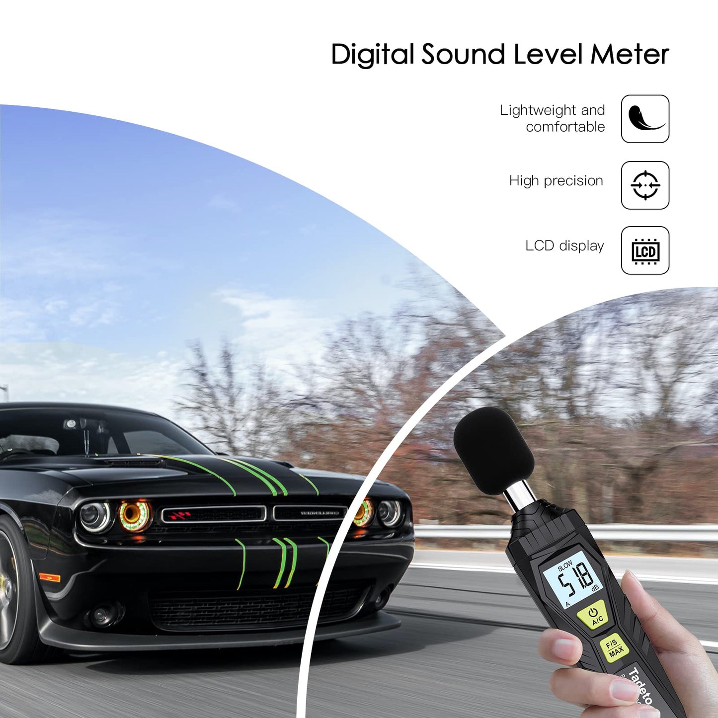 Decibel Meter, Tadeto Digital Sound Level Meter Portable SPL Meter 30dB to 130dB MAX Data Hold with LCD Display Backlight A/C Weighted for Home Factories