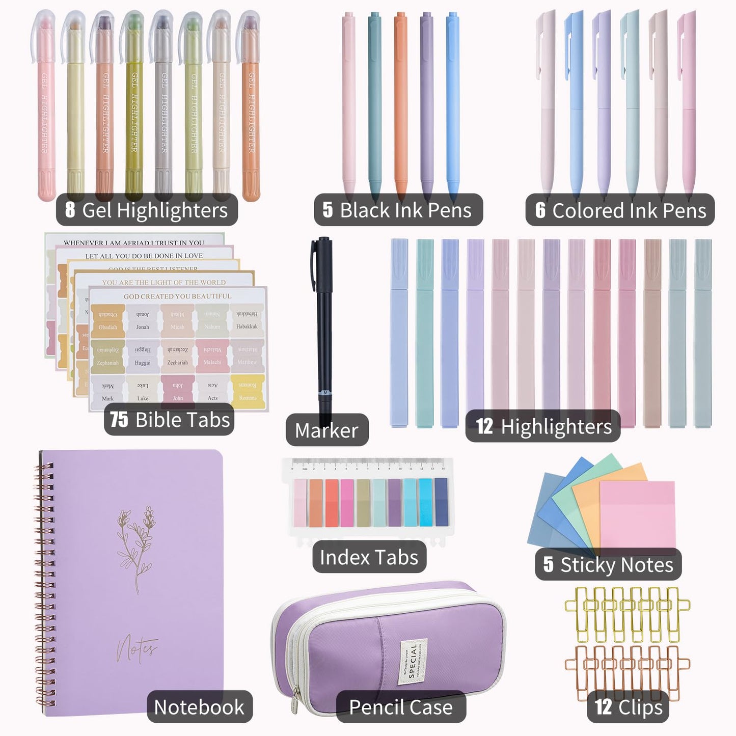 KOPKOFT Bible Study Supplies, Bible Journaling Kit for Women with Journal, Pen Case, Tabs, Highlighters and Pens, Bible Accessories Set for Women Students Beginner, Christian Gifts (Purple)