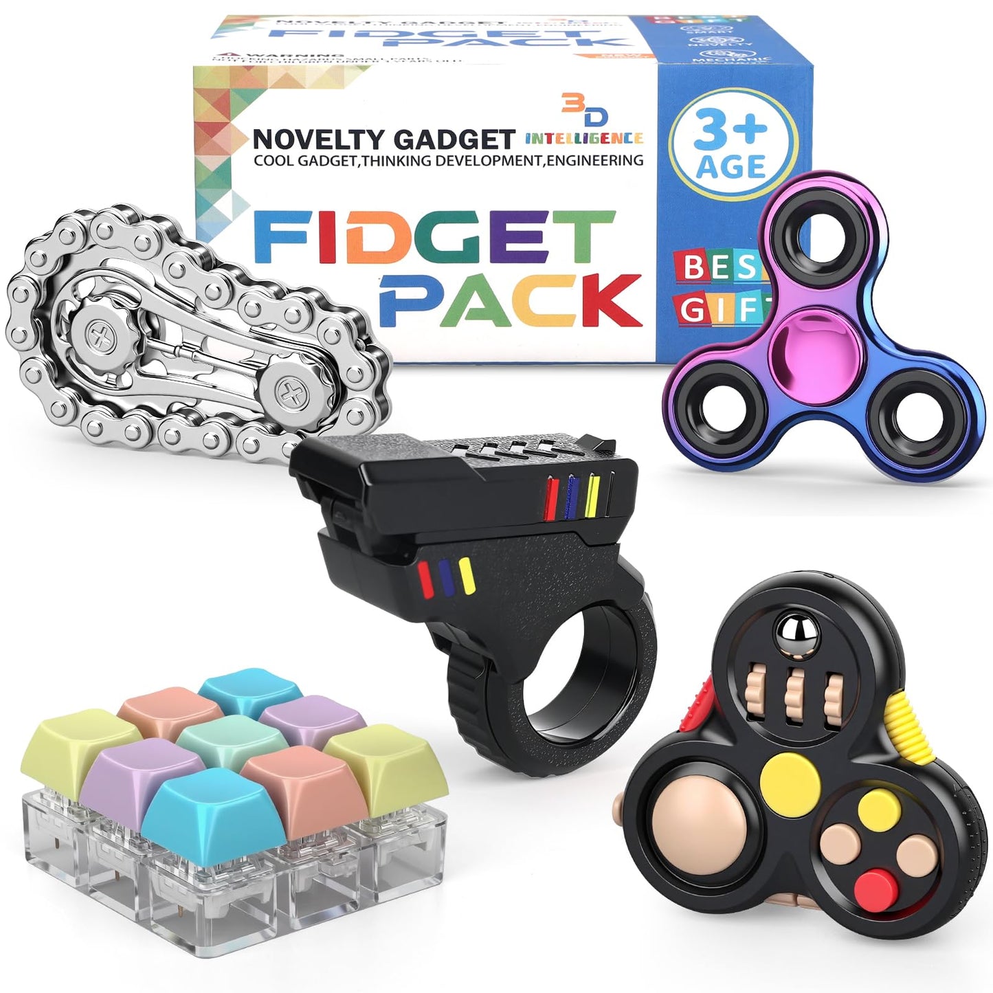 5 PCS Fidget Toys Set for Adults, Fidget Slider, Fidget Cube, Spinner Toy, Keyboard Clicker Toy, Fidget Pad, Cool Gadgets Office Desk Toy for Men Teen Gift