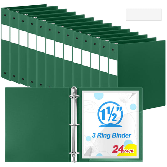 Henoyso 24 Pcs Dark Green 1.5" 3 Ring Plastic Binder Bulk, 1 1/2 Inch Soft Flexible Binders Round Rings, Fits Letter Size 8.5'' x 11'' Paper, Holds 350 Sheets, for School Office (1.5 Inch)