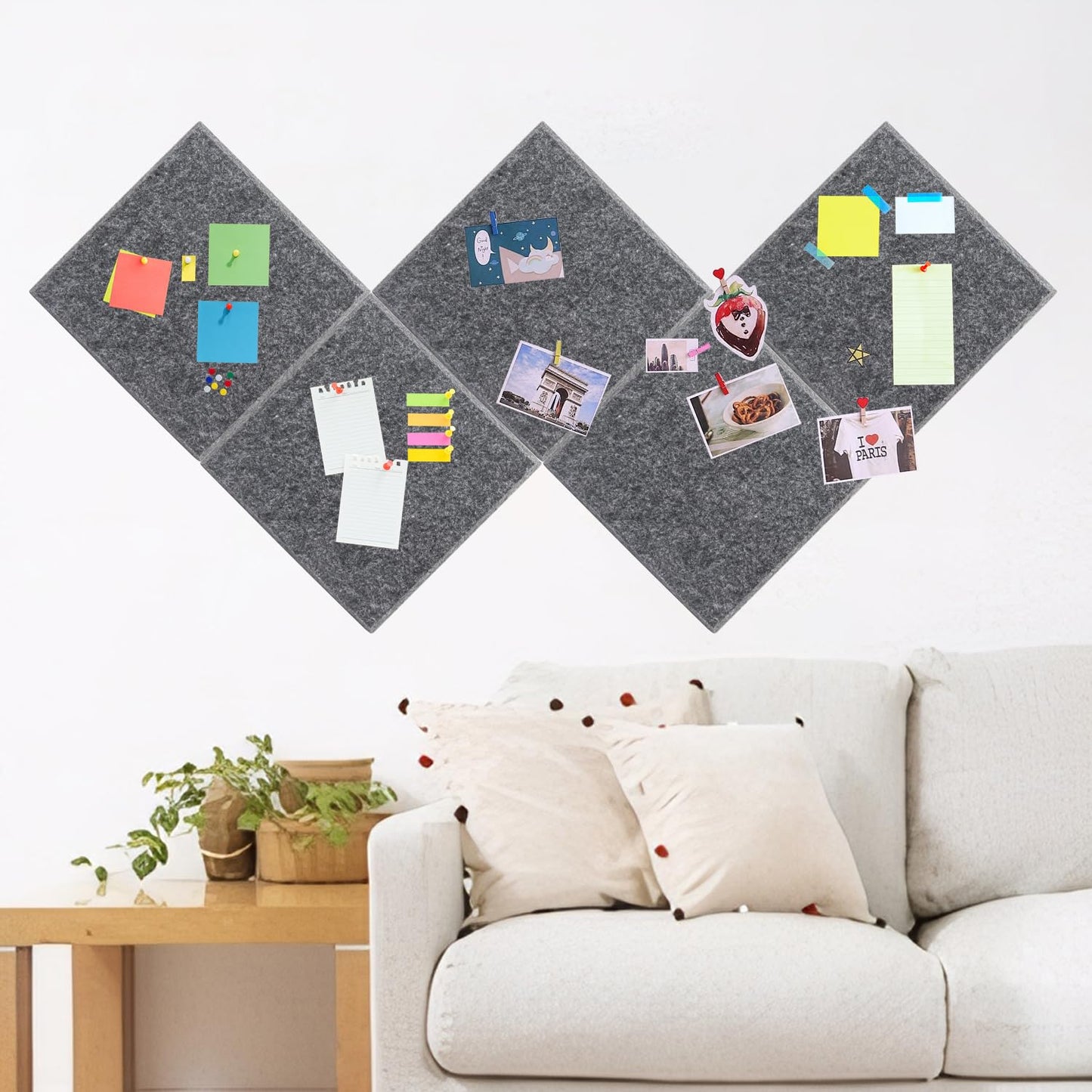 Geytetqi 12 Pack 12" x 12" Felt Boards, Dark Grey Square Felt Wall Tiles, Self-Adhesive Cork Bulletin Board for Home, Office, and Kitchen Decor(1/2 Inch Thickness)