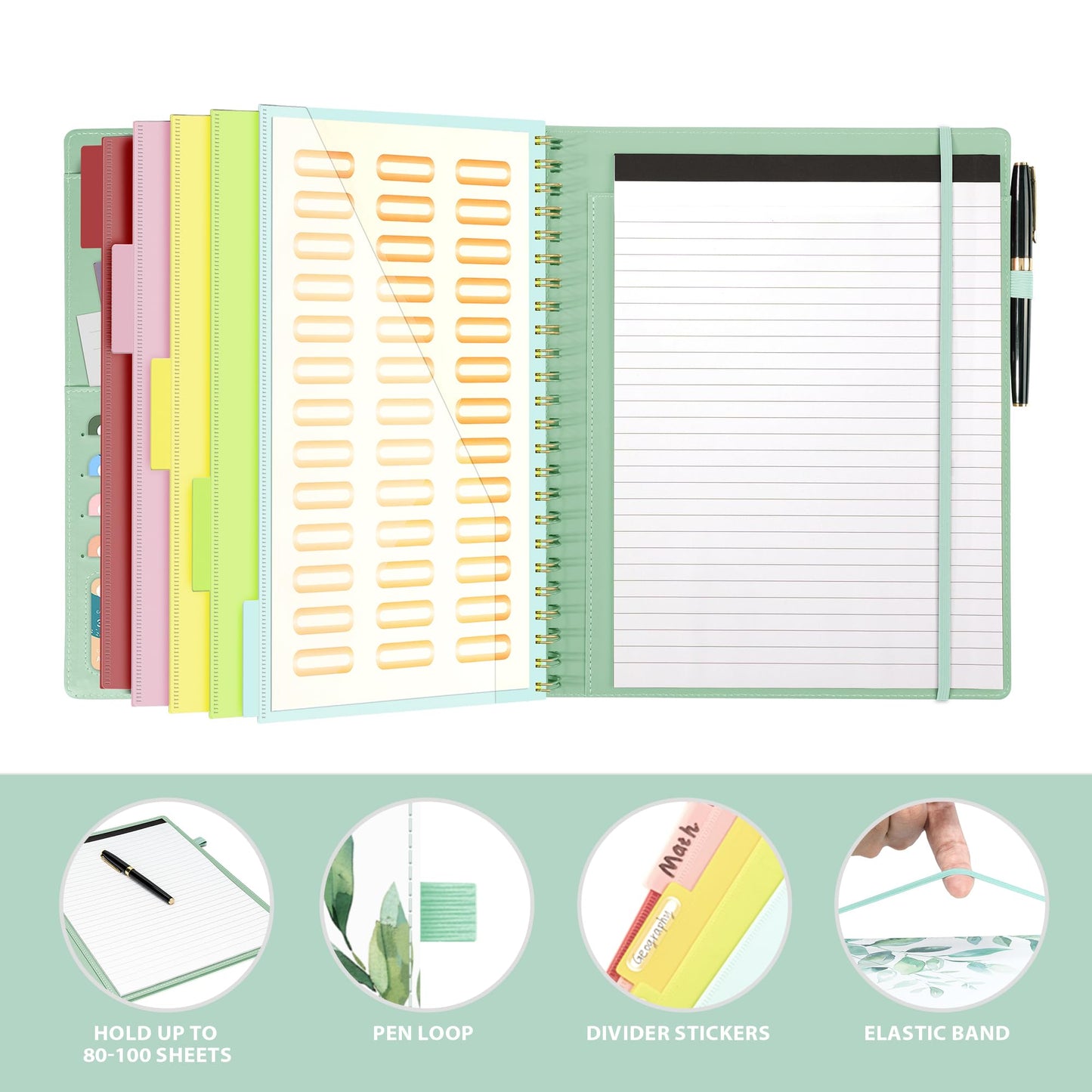 Ospelelf Clipboard with Storage, Leather Padfolio Portfolio Organizer 5 Folders with 10 Pockets, Spiral Clipboard Folio with Notepad for Letter Size, Elastic Closure and Pen Loop Green Plants
