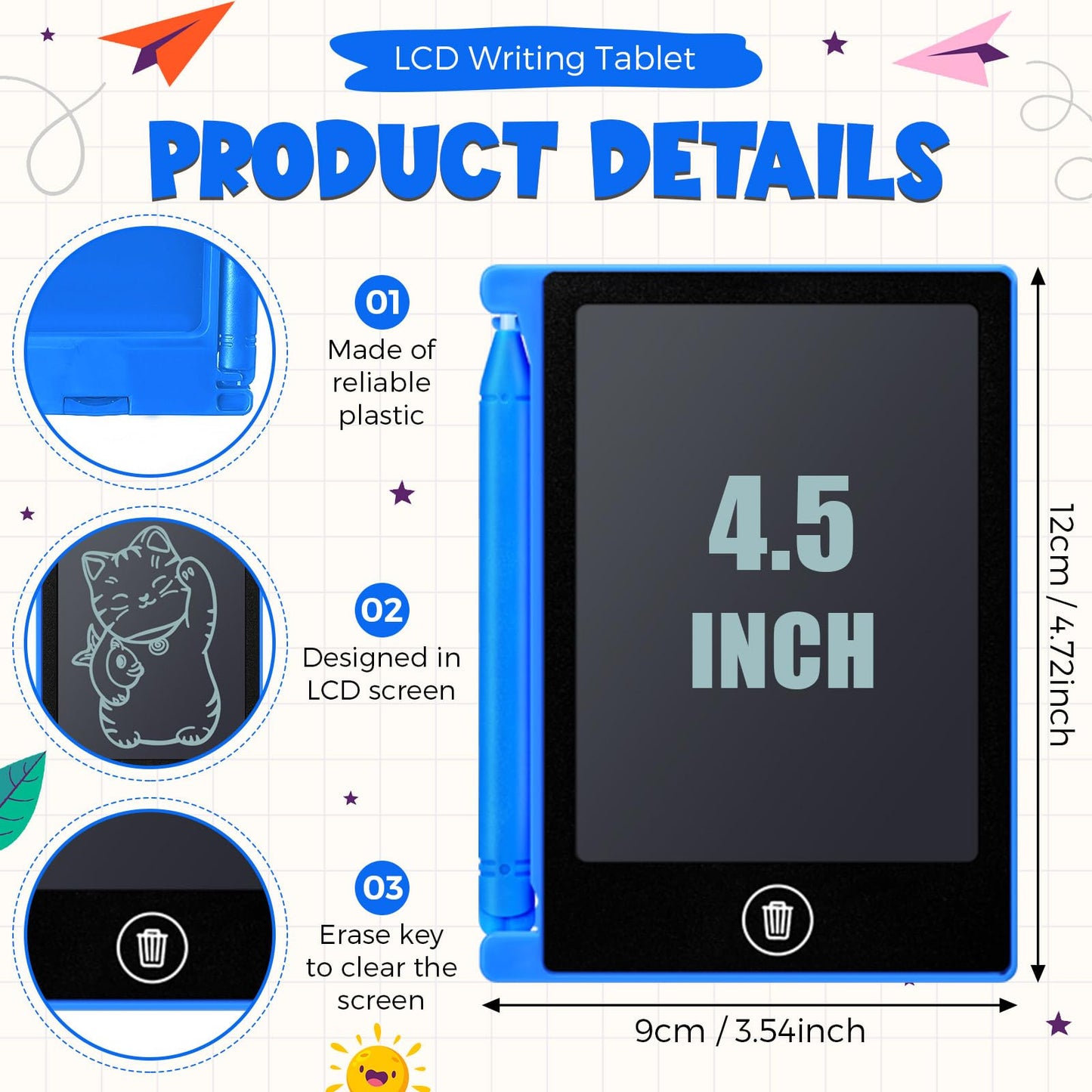 Nezyo 16 Pack 4.5 Inch Mini LCD Writing Tablet for Kids Electronic Doodle Board Bulk Erasable Drawing Tablet Reusable Writing Pad for Girls Boys Party Favor Goodie Bag Classroom Gifts(Blue)