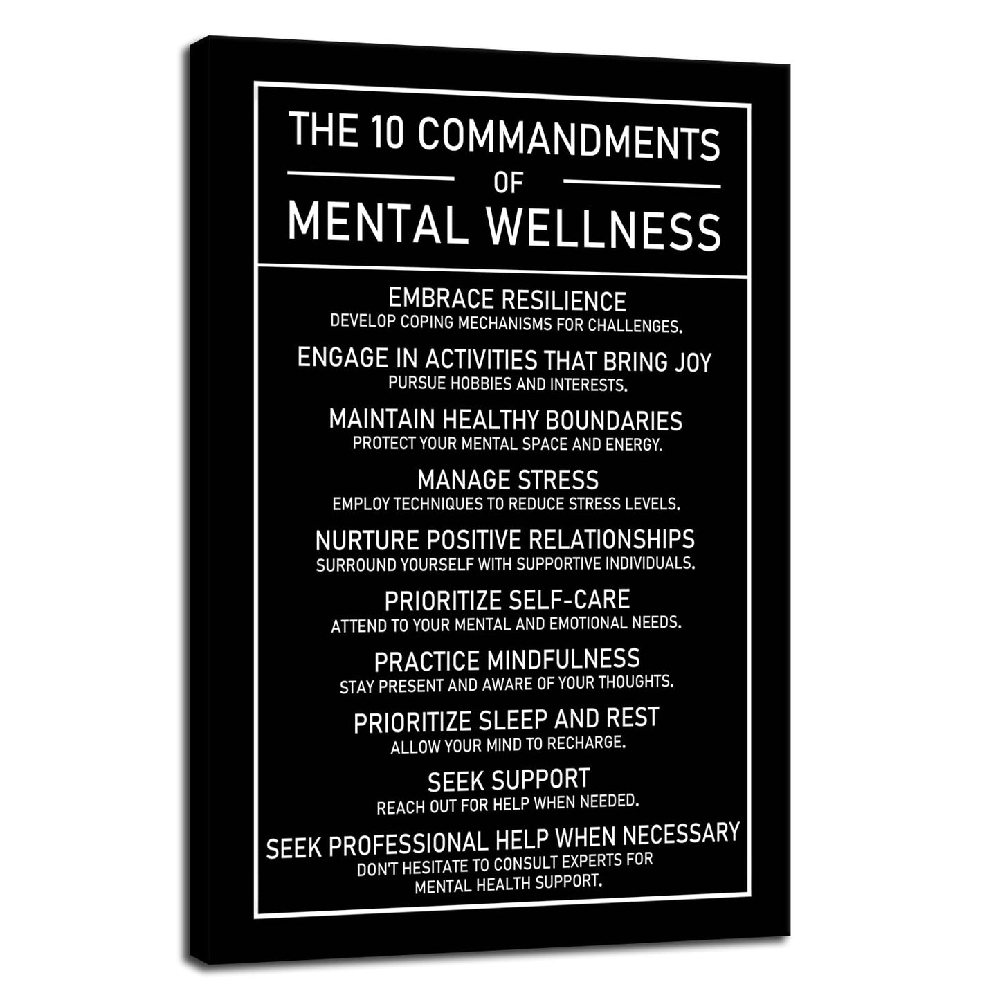 The 10 Commandments Of Mental Wellness Motivational Canvas Poster Healthy Growth Wall Art Prints Artwork for Office Living Room Modern Home Decor Painting Pictures Stretched and Framed[12''Wx 18''H]