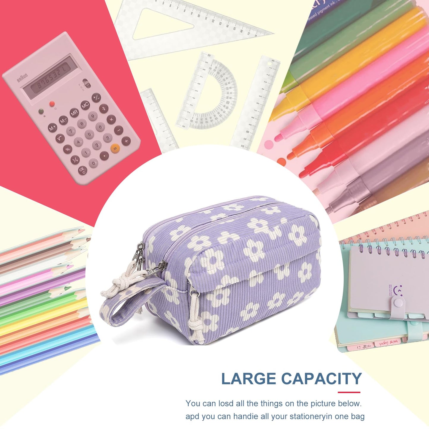 Bluboon Big Capacity Pencil Case Pencil Pouch Pen Case School Supplies Cute Pencil Box Pencil Bag for Teen Girls Boys Women Man (Beige Flower Purple)