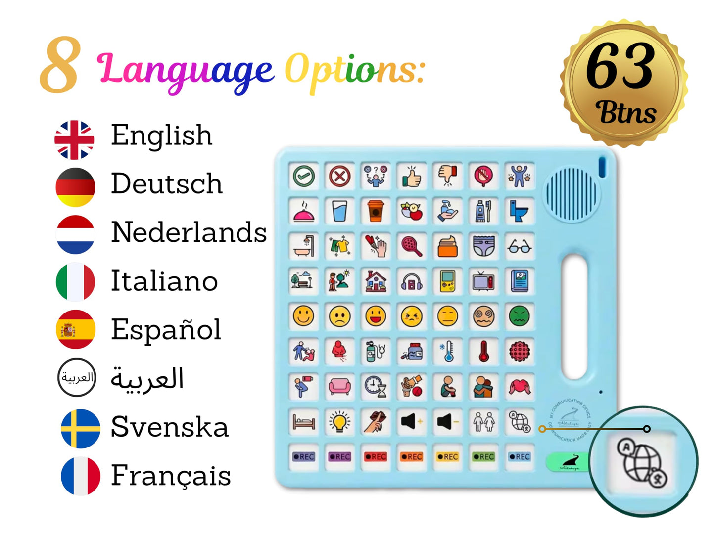 8 Languages AAC Device for Autism, 63 Buttons, Communication Board for None Verbal, Stroke Survivors Speech Support, TBI, Talking aid Tool for Delayed Speech terapy, Ajustable Lanyard.