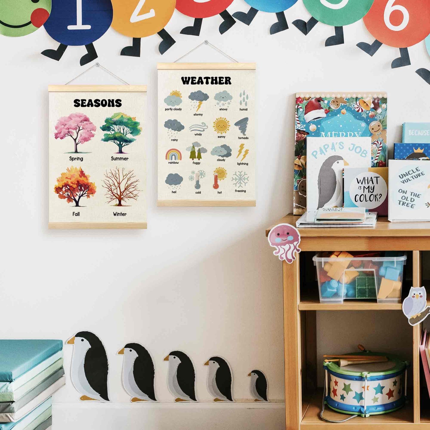 TLESKE 4 Seasons Weather Chart Poster Hanger Frame for Toddler Kid Classroom Set of 2, Homeschool Hanging Wall Art Decor for Nursery Playroom, Preschool Prek Learning Educational Poster, 12x16