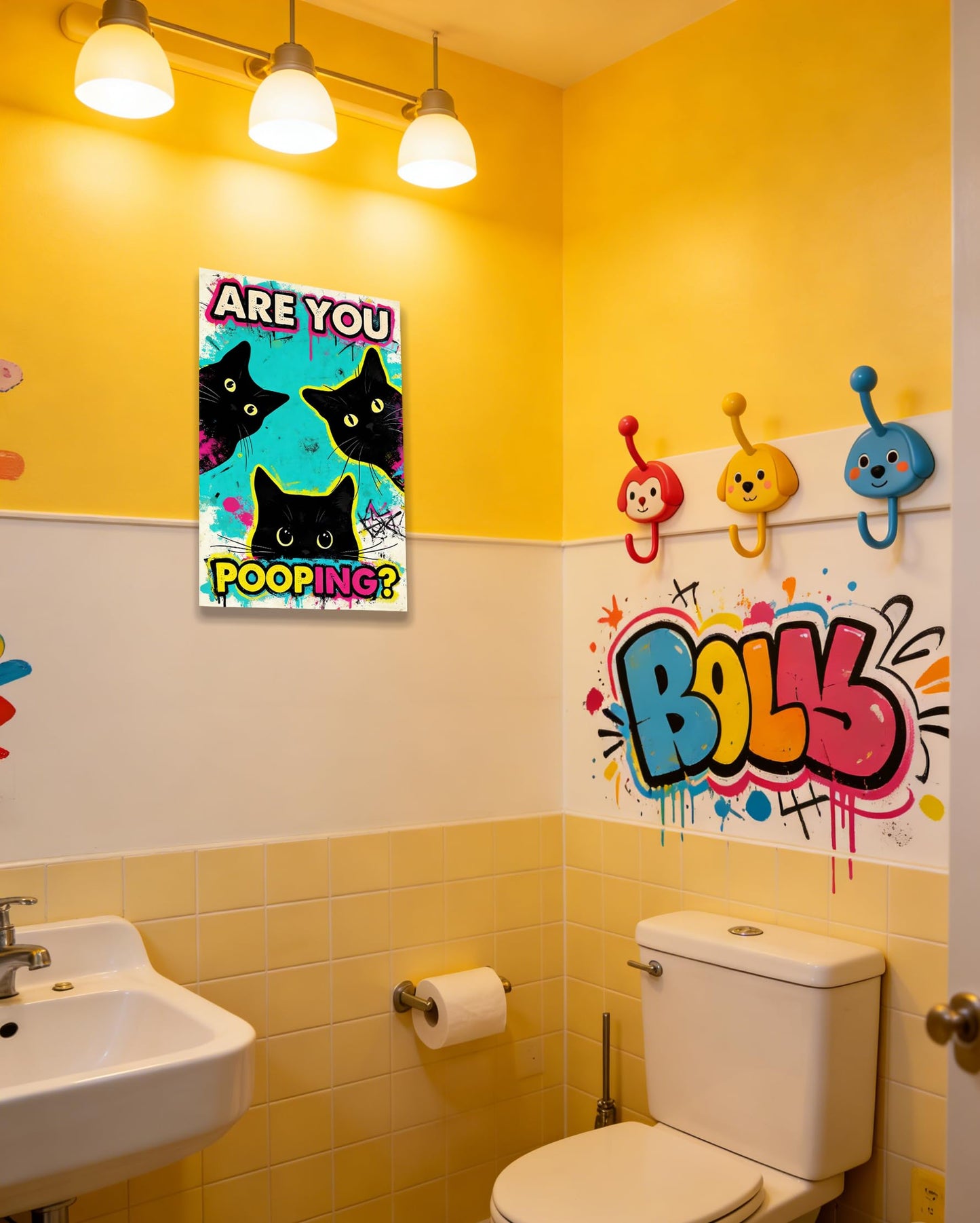 DUFIPOR Funny Black Cat Bathroom Wall Art, Are You Pooping? Graffiti Pop Art Canvas Prints, 12x16 Inch Humorous Bathroom Decor for Washroom Restroom, Trendy Cat Lover Gifts for Bathroom Wall Decor