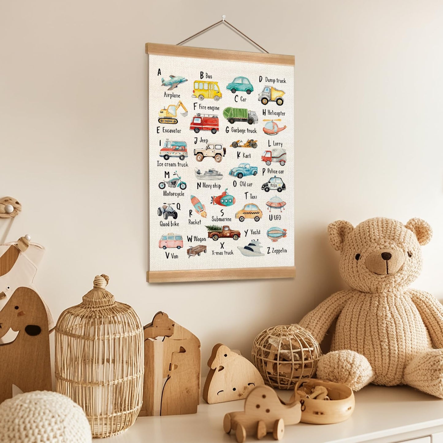 Car Alphabet Learning Poster Set of 1, Children's Room Wall Art, ABC Banner Poster, Letter Banner Wall Hanging Decor for Toddler Room Playroom Nursery Wall Classroom Decor 12x16inch(Car alphabet)