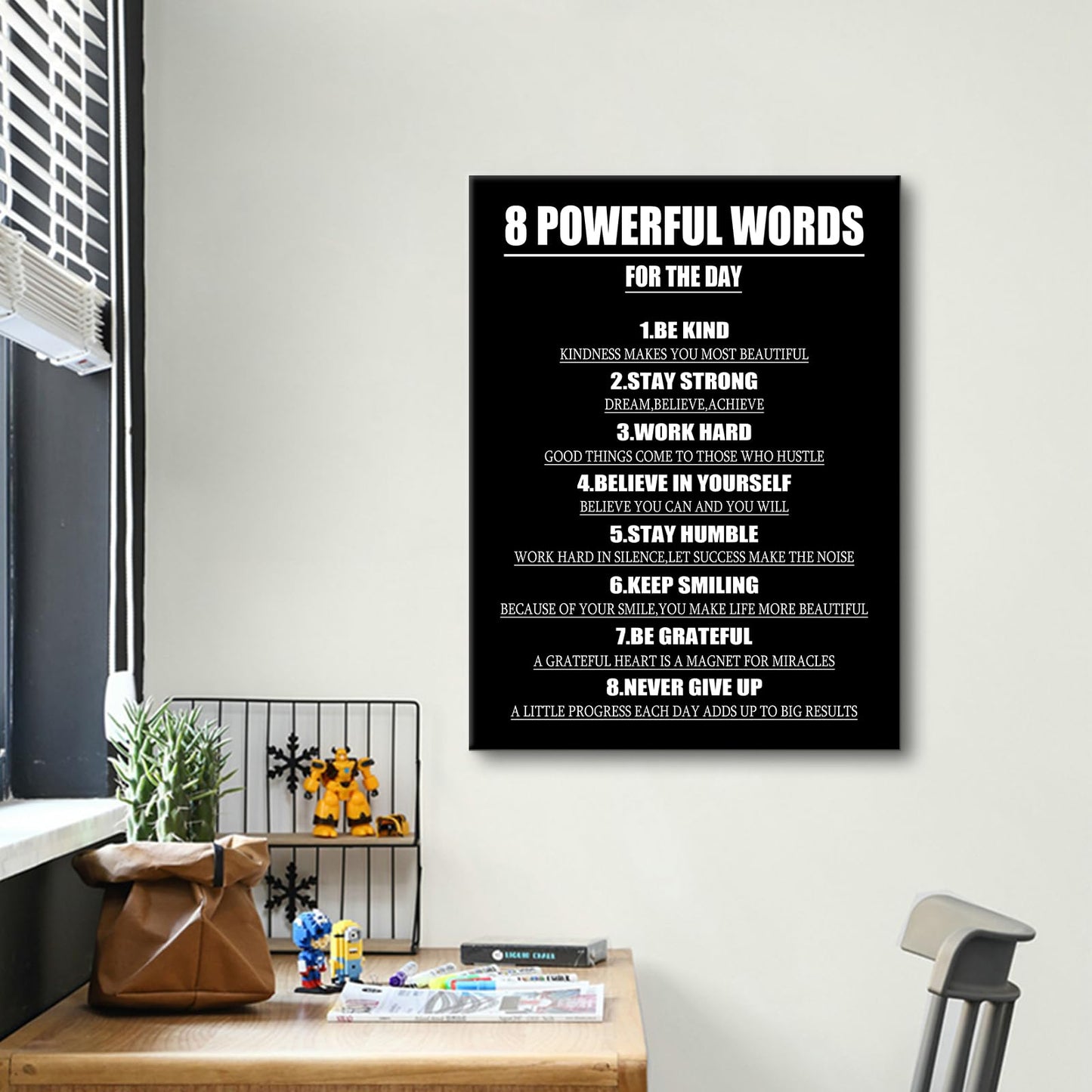 Motivational Canvas Wall Art 8 Powerful Words for The Day Success Quotes Poster Print Inspirational Picture Painting for Office Class Room School Wall Decoration Stretched and Framed [18''Wx24''H]