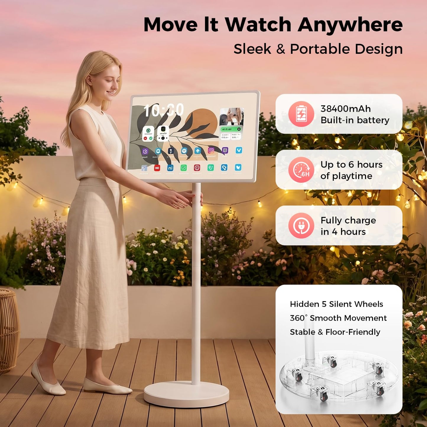 32 Inch Smart Portable TV, FHD Touch Screen Rolling Monitor on Wheels, Android 15 8GB +128GB, Wireless Tablet Display with Camera, 20W Speaker, EDLA-Certified 38,400 mAh Battery Voice Airmouse Remote