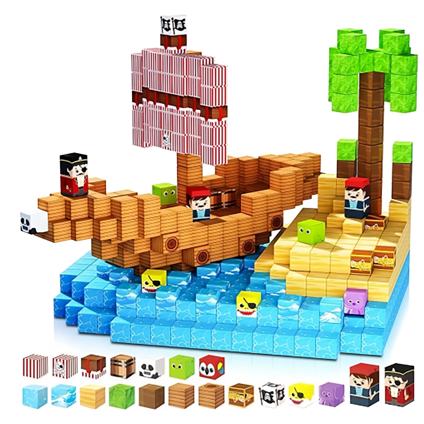 DOFASNCN Magnetic Building Blocks Magnetic Building Tiles Toys for Boys Girls Age 3+，Creative Plastic Magnet Square Gift for Kids New Pirate Ship 100PCS