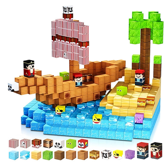 DOFASNCN Magnetic Building Blocks Magnetic Building Tiles Toys for Boys Girls Age 3+，Creative Plastic Magnet Square Gift for Kids New Pirate Ship 100PCS