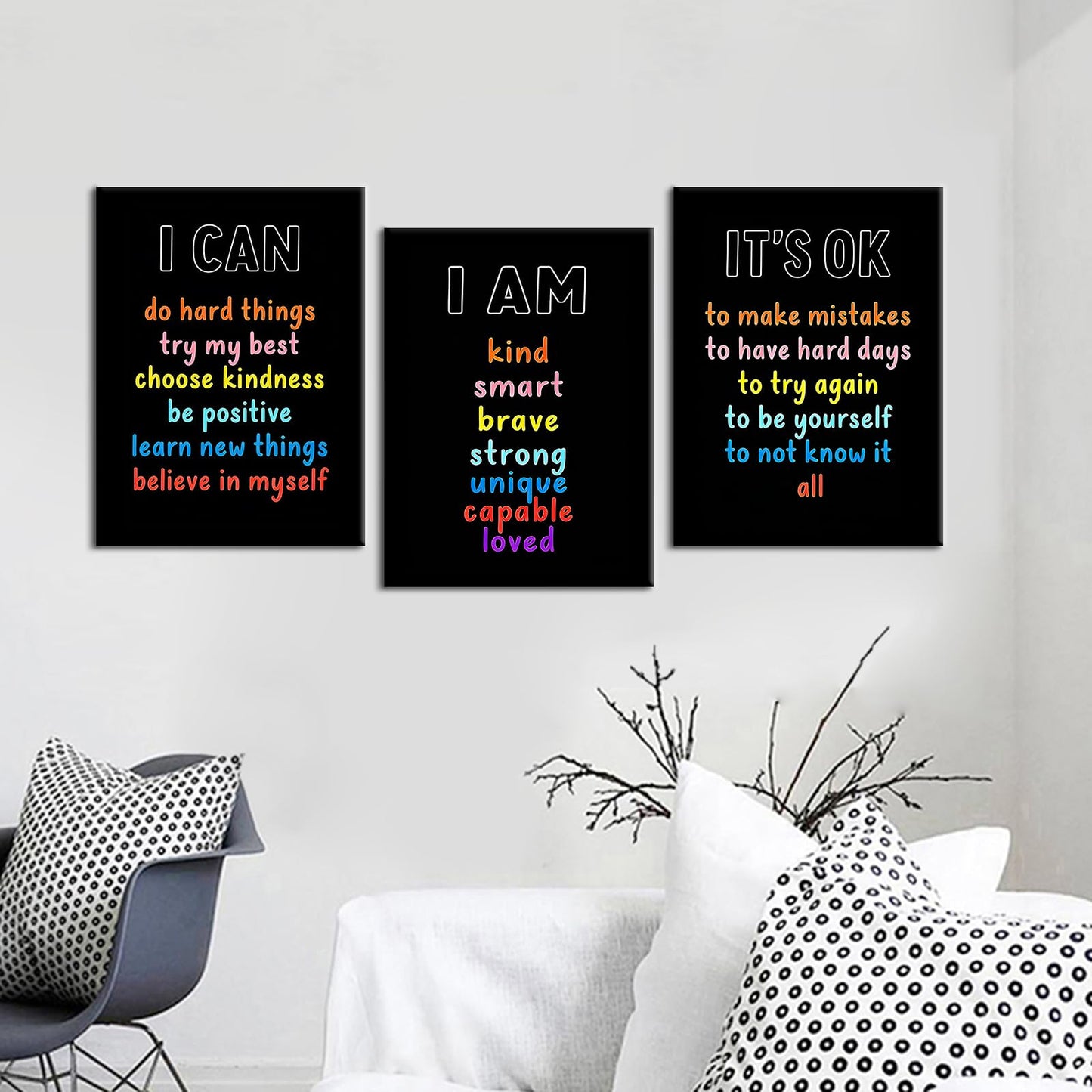 PSYYSP Positive Affirmations Wall Decor For Kids Bedroom Classroom Posters Growth Mindset I Am I Can It Is Ok Inspirational Canvas Art Set 3 Piece Framed Office Decor 16x36 Inch Triptych Artwork