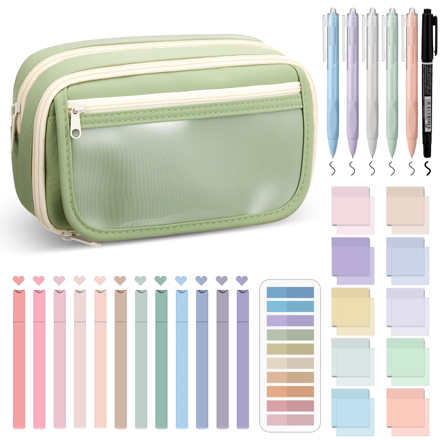 Jutom 39 Pcs Aesthetic Book Annotation Kit Highlighter with Pencil Case Bag Gel Pen Transparent Sticky Note Taking Bible Study College School Supplies (Green,Minimalist Style)