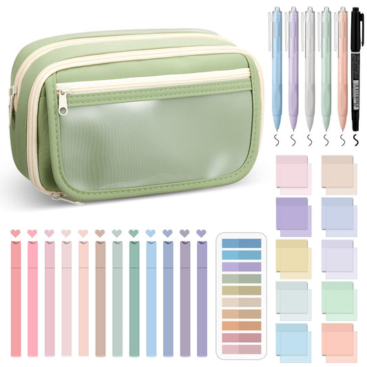 Jutom 39 Pcs Aesthetic Book Annotation Kit Highlighter with Pencil Case Bag Gel Pen Transparent Sticky Note Taking Bible Study College School Supplies (Green,Minimalist Style)