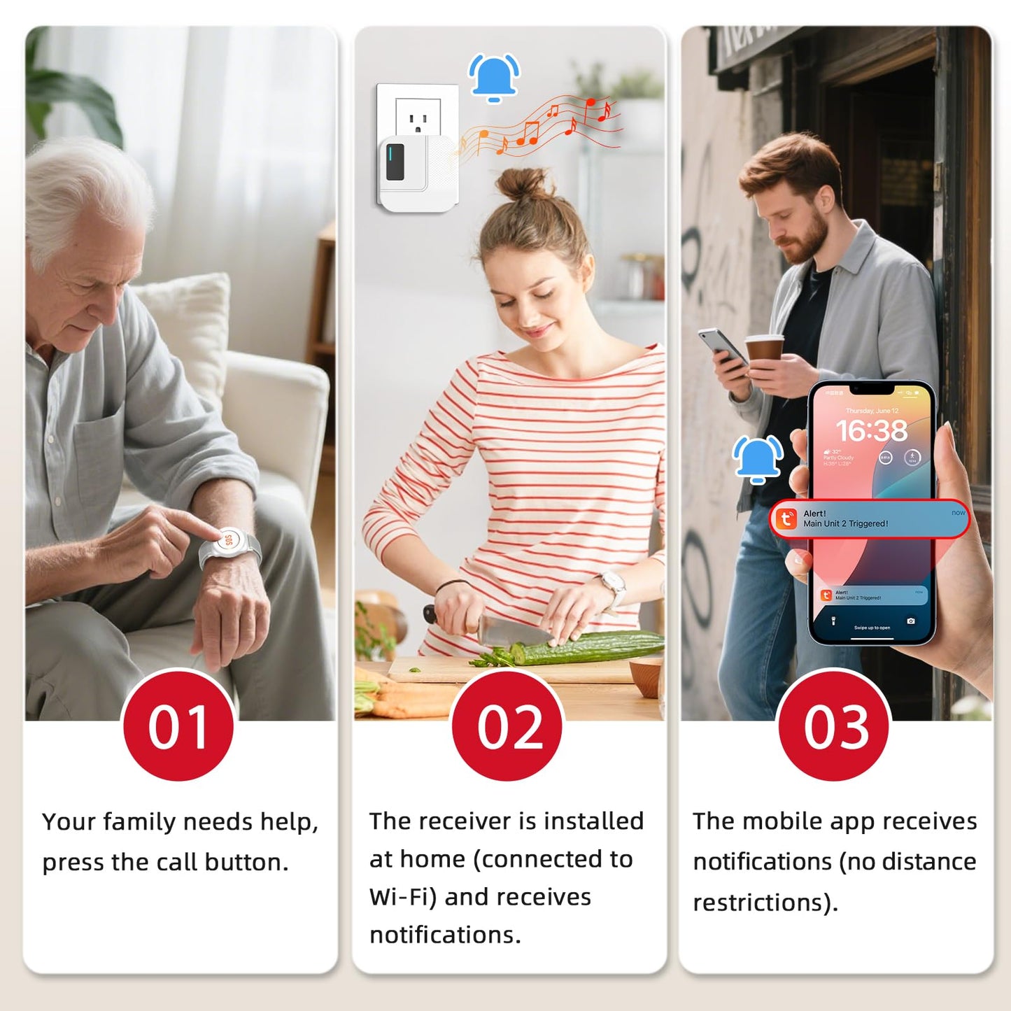 CallToU Wi-Fi Wireless Caregiver Pager Call Button for Elderly at Home , APP Emergency Alert for Seniors, Patients, and the Disabled with 2 Call Button, 1 Watch Button, 1 Receiver (2.4GHz Wi-Fi)