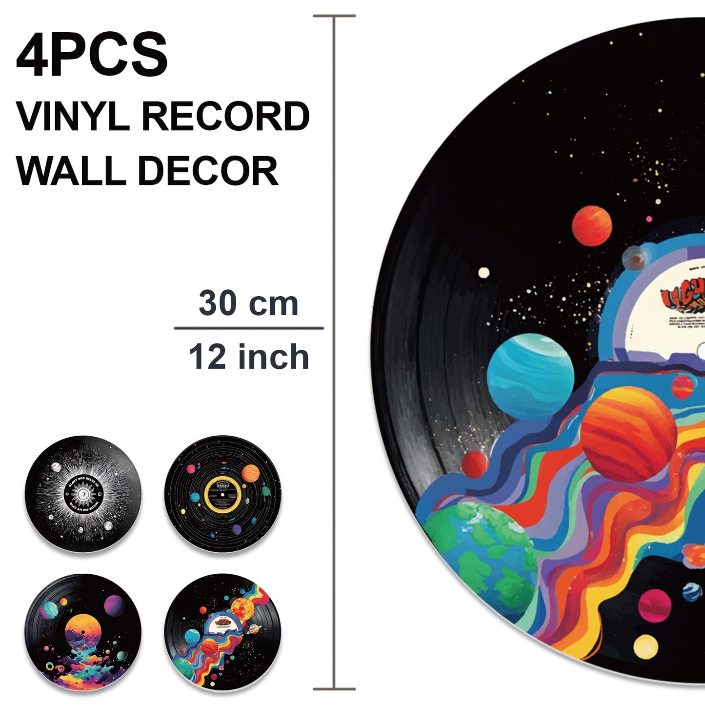 DOODLREAM 4PCS Universe Planet Vinyl Record Wall Decor 12" Hippy Universe Wall Art Posters for Room Aesthetic, Solar System Retro Record Decor for Music Party Studio Living Room DIY Craft Project