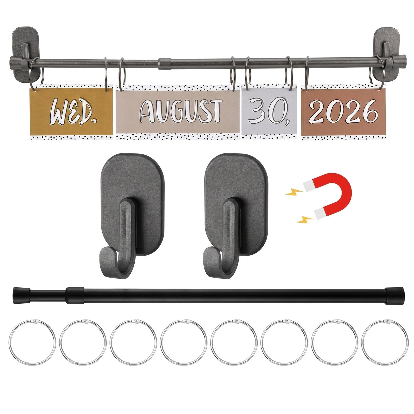 Chumia 16-29 Inches Magnetic Adjustable Calendar Holder Set Anchor Chart Date Cards Holder Flip Calendar Chart Rod for Office Whiteboard Crafts Home Decor Supplies(Square Hook,Black)